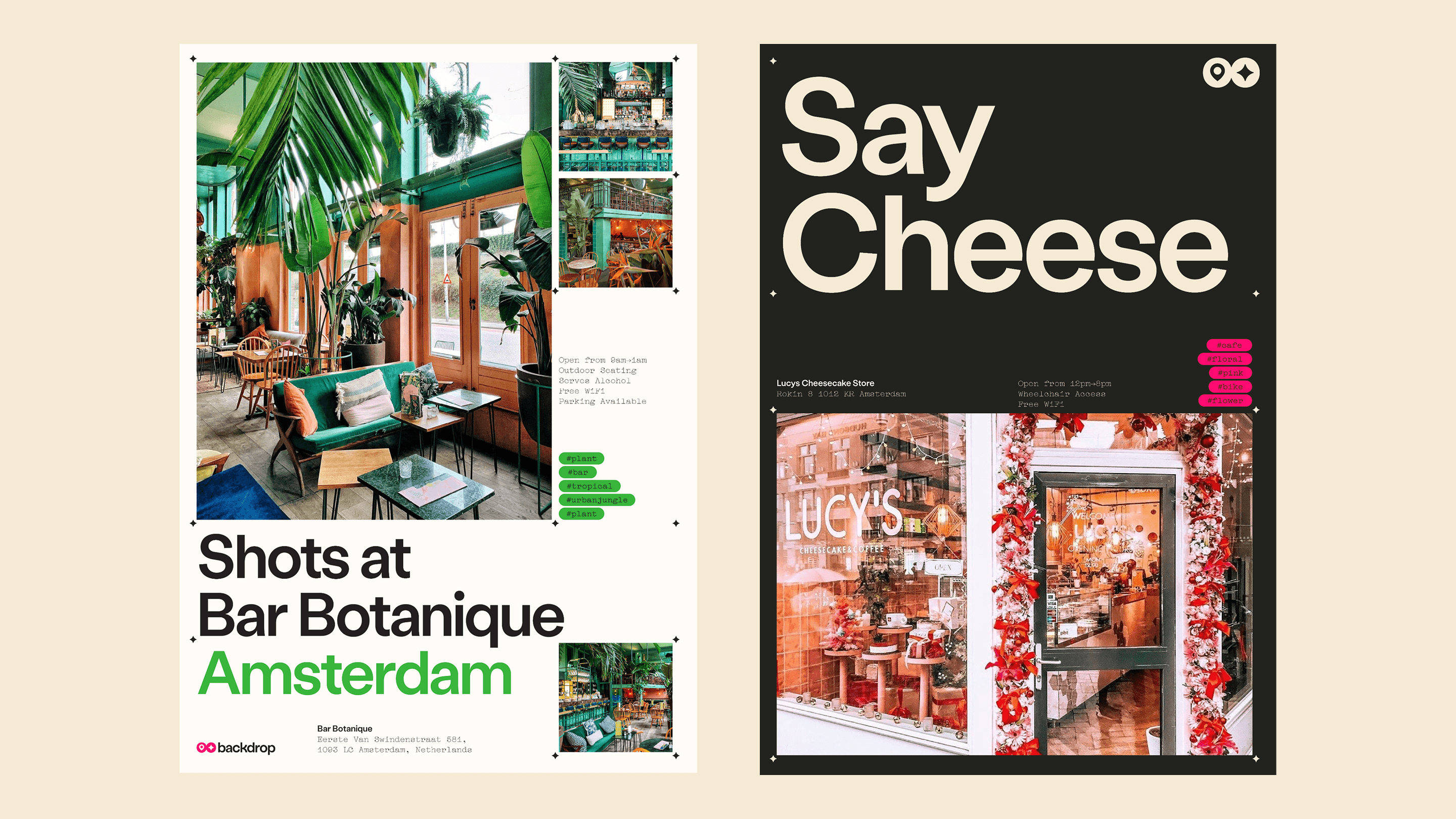 Backdrop editorial layouts featuring Bar Botanique and Lucy's Cheesecake Store