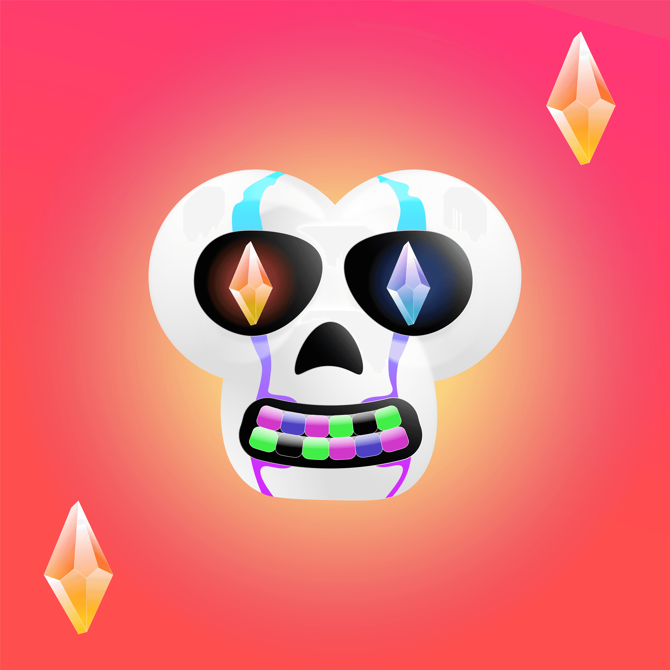 White skull with mismatched crystal eyes and floating gems