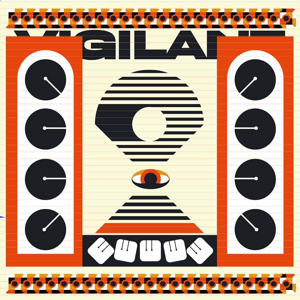 Geometric poster with an abstract figure, eyes and keyboard forms