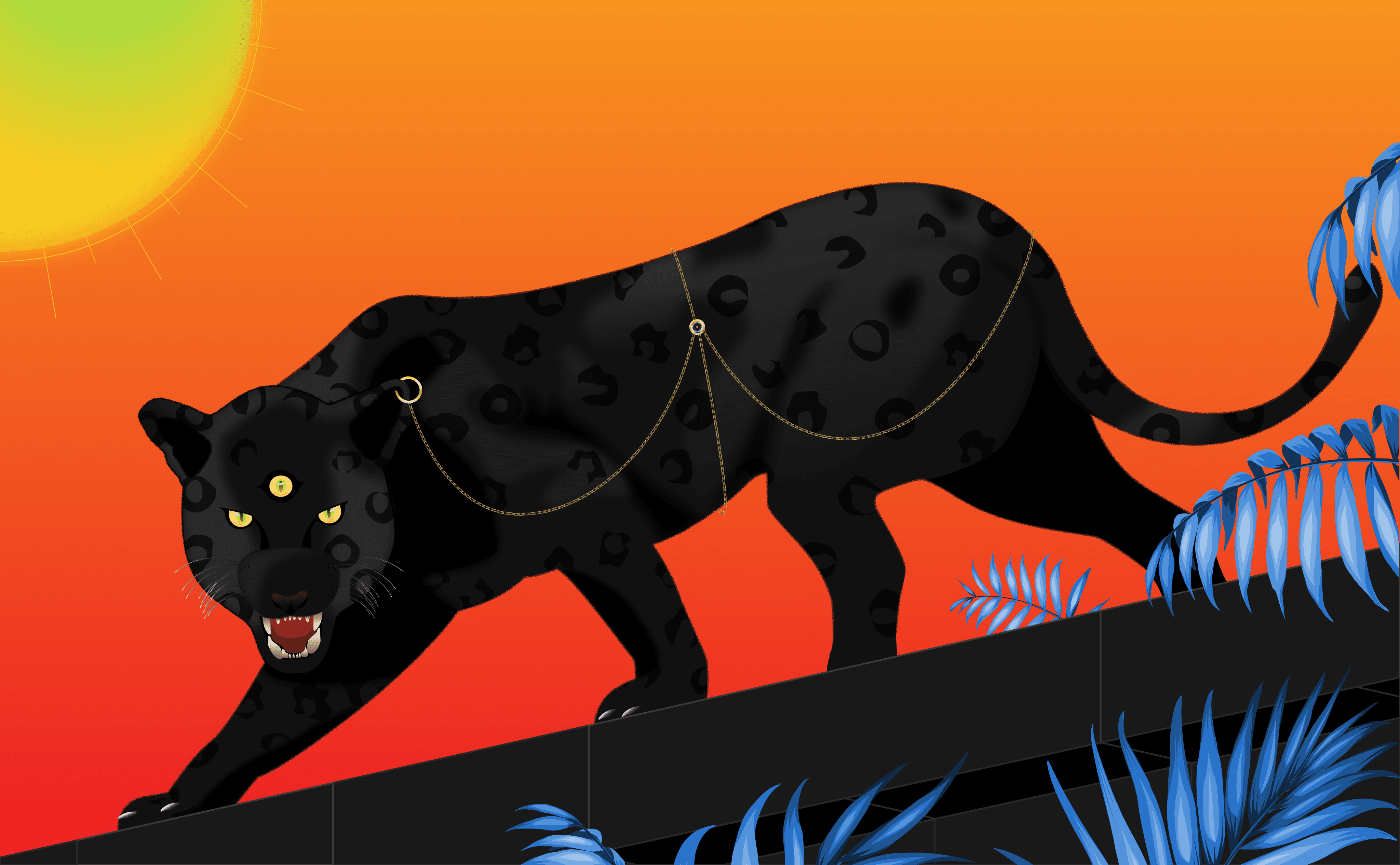 Black panther crouching beneath an orange sun in a surreal landscape