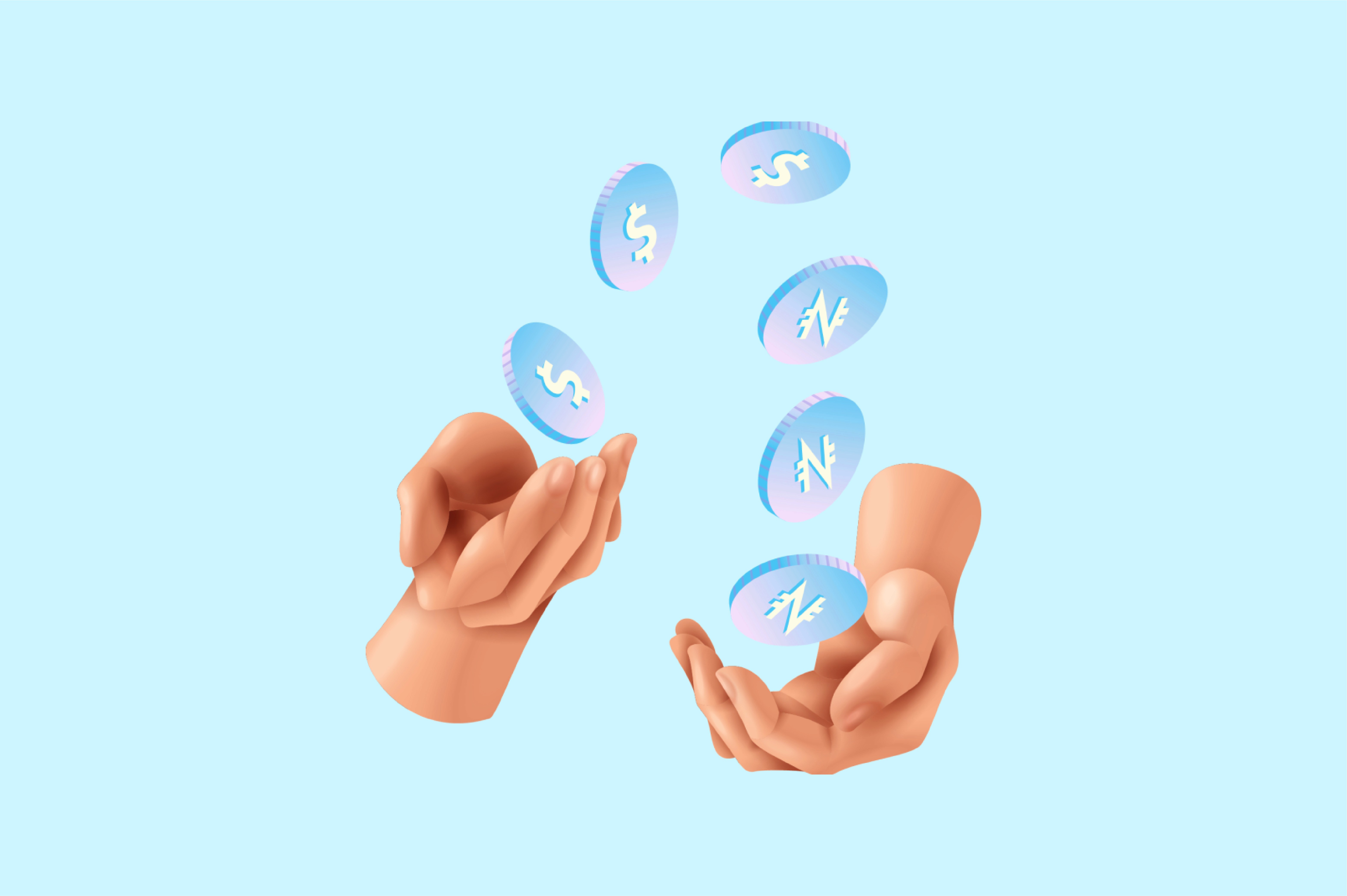 3D hands tossing dollar and naira coins