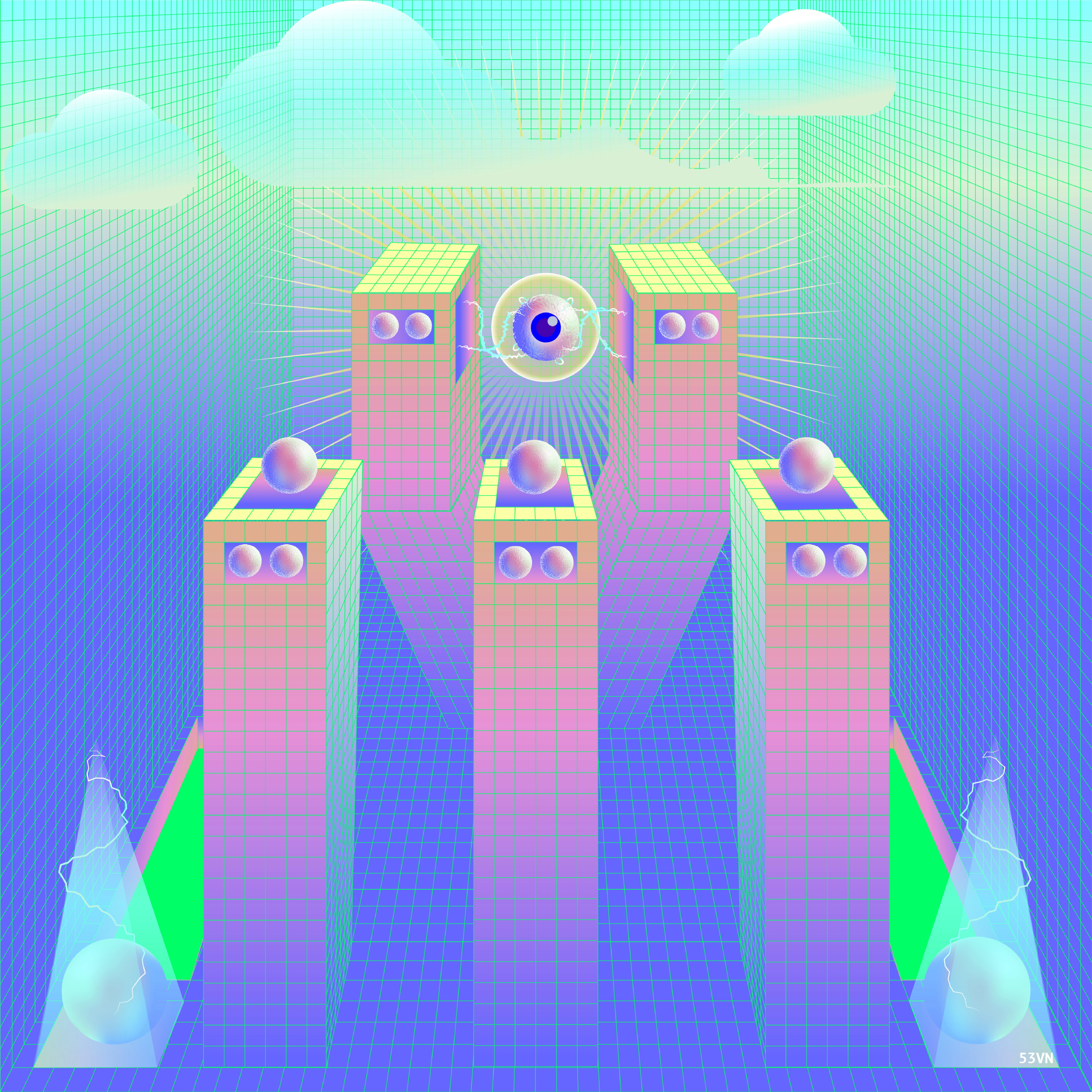 Four monolithic figures with Digital Eyes in an icy landscape
