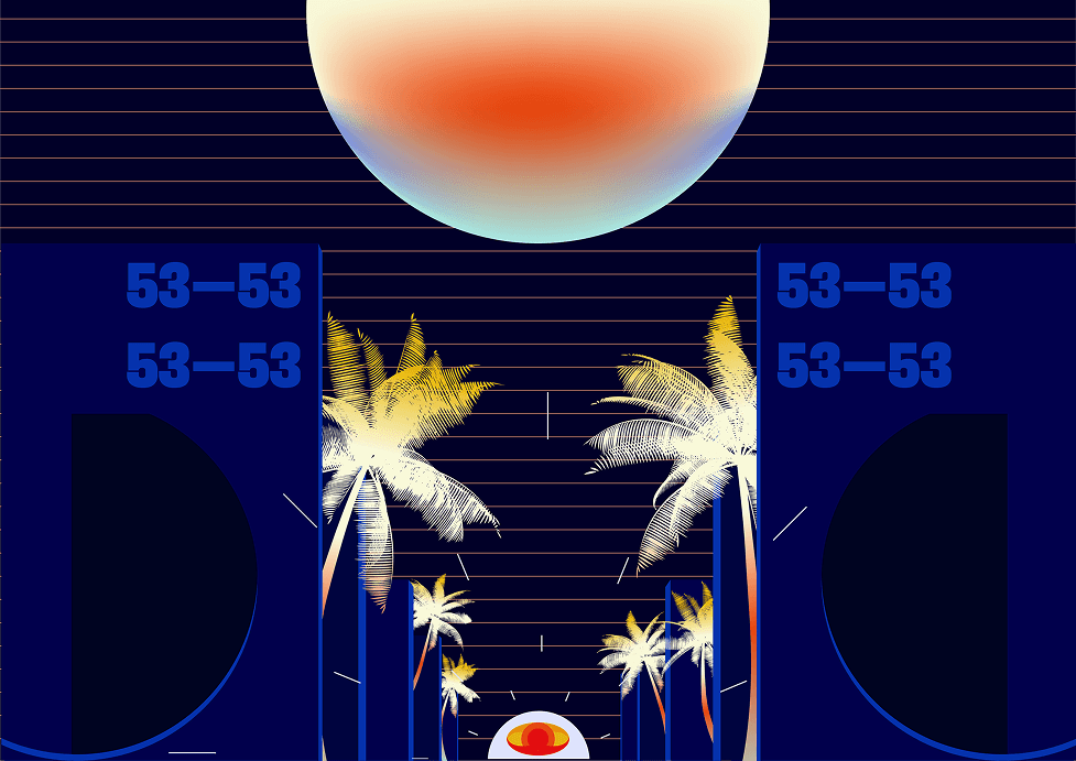 Surreal blue landscape with palm trees and a glowing sun