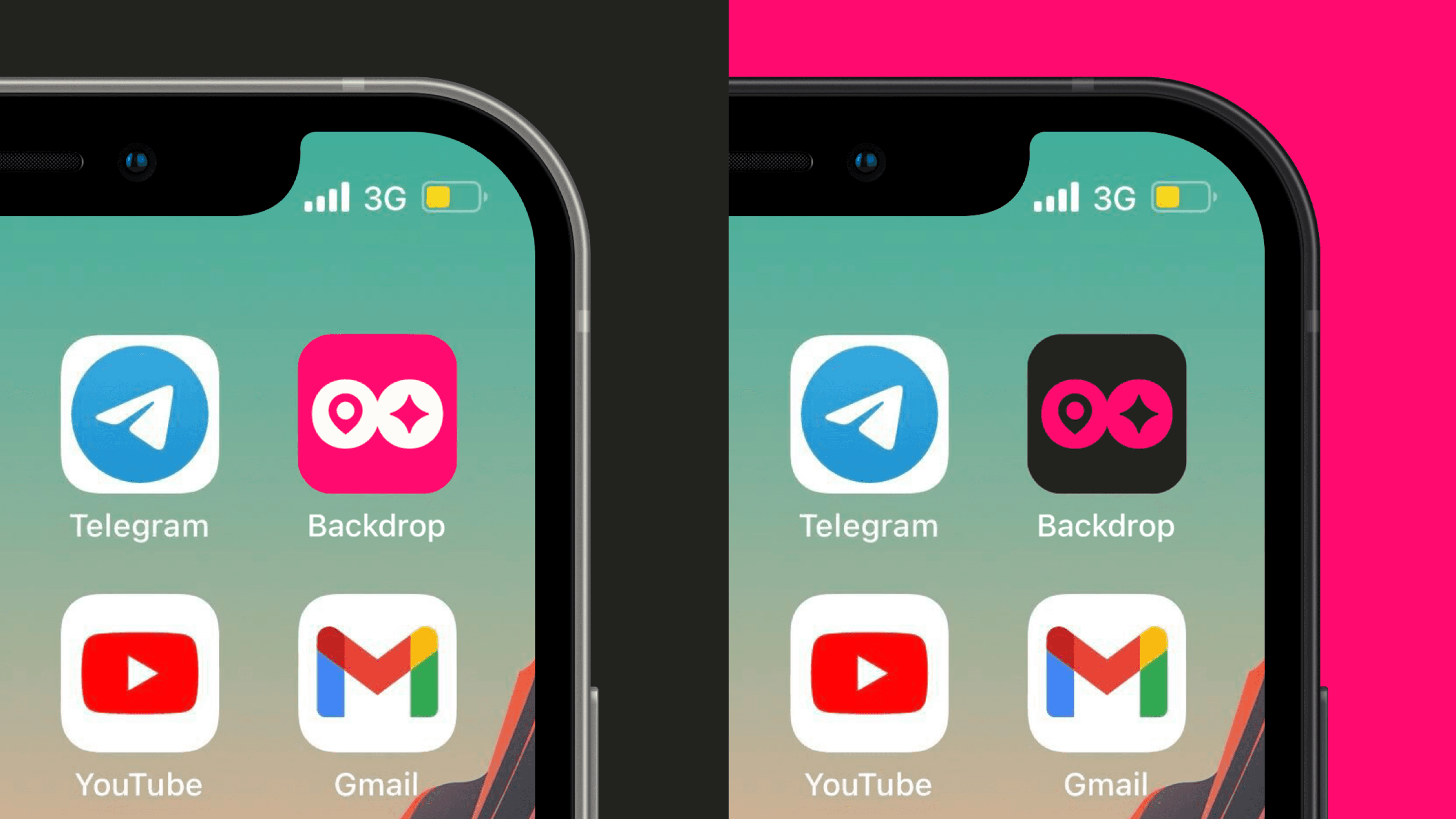 Light and dark Backdrop app icons on iPhone home screens