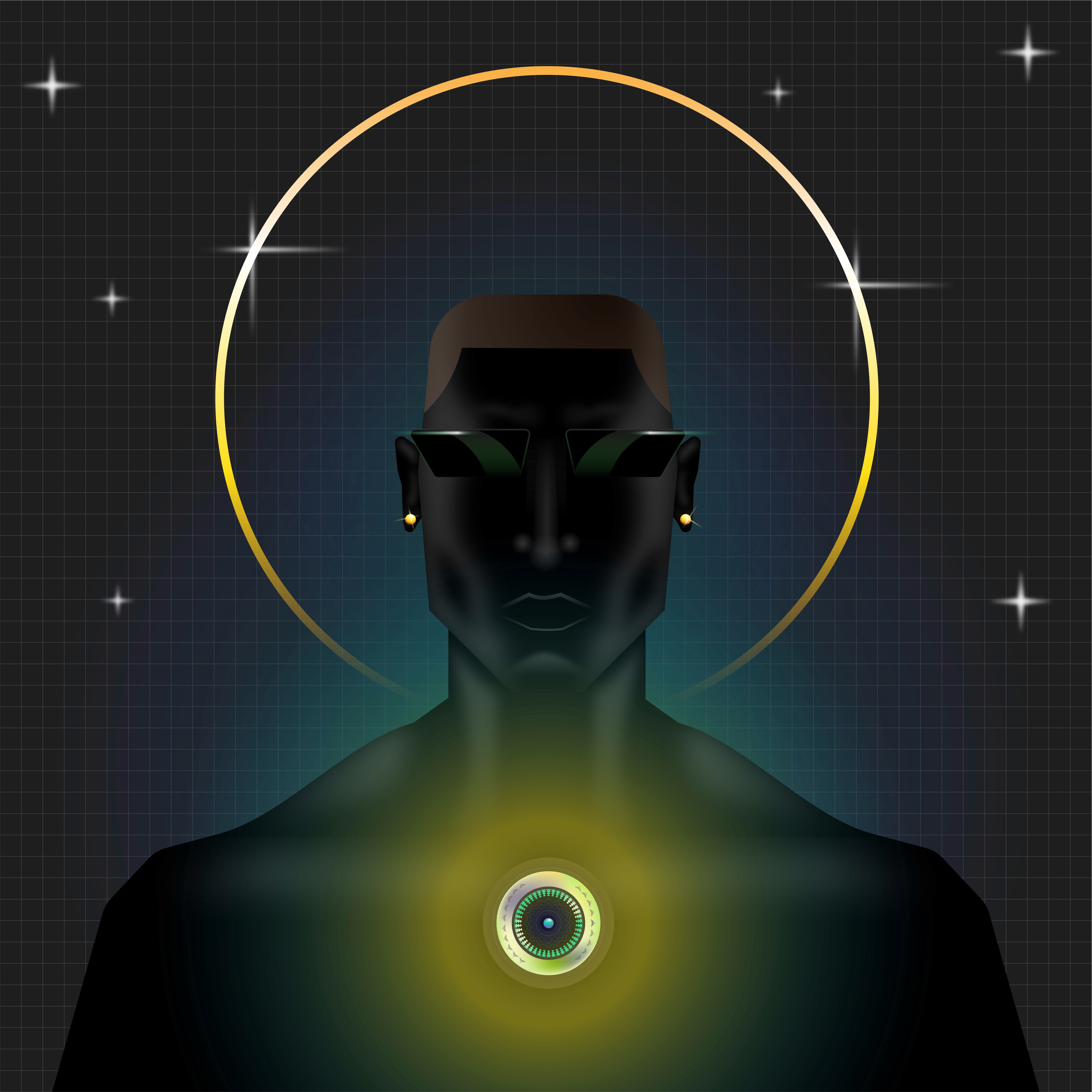 Shadowed figure with a gold halo and luminous chest eye