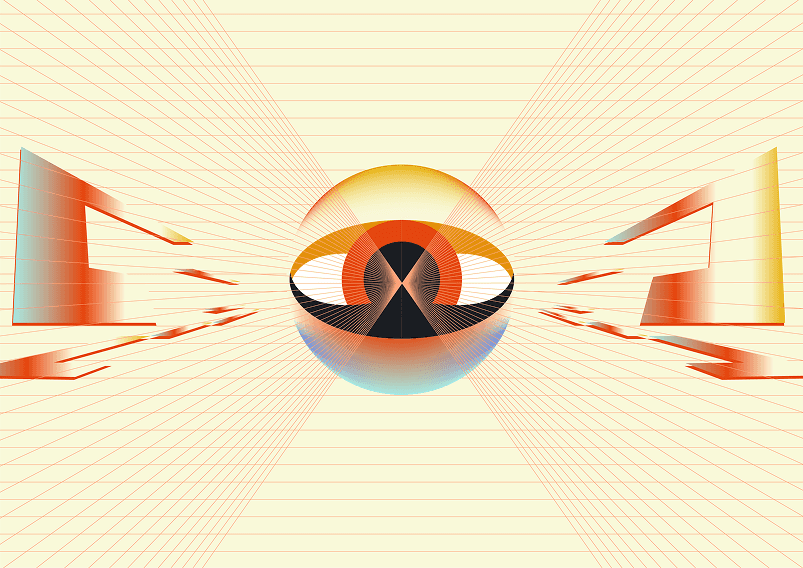 Metallic eye between mirrored forms on a radiating cream grid