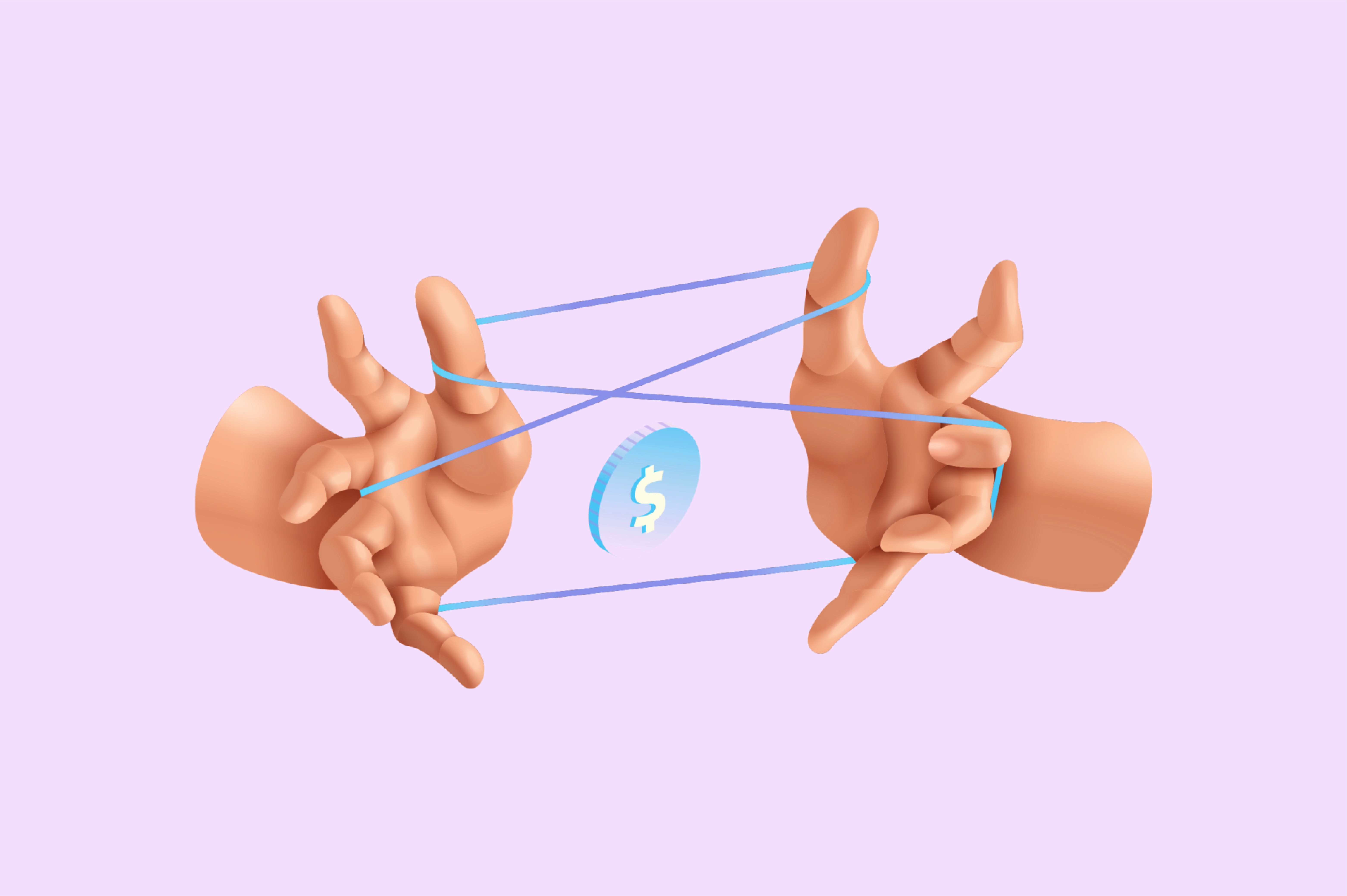 3D hands stretching string around a dollar coin