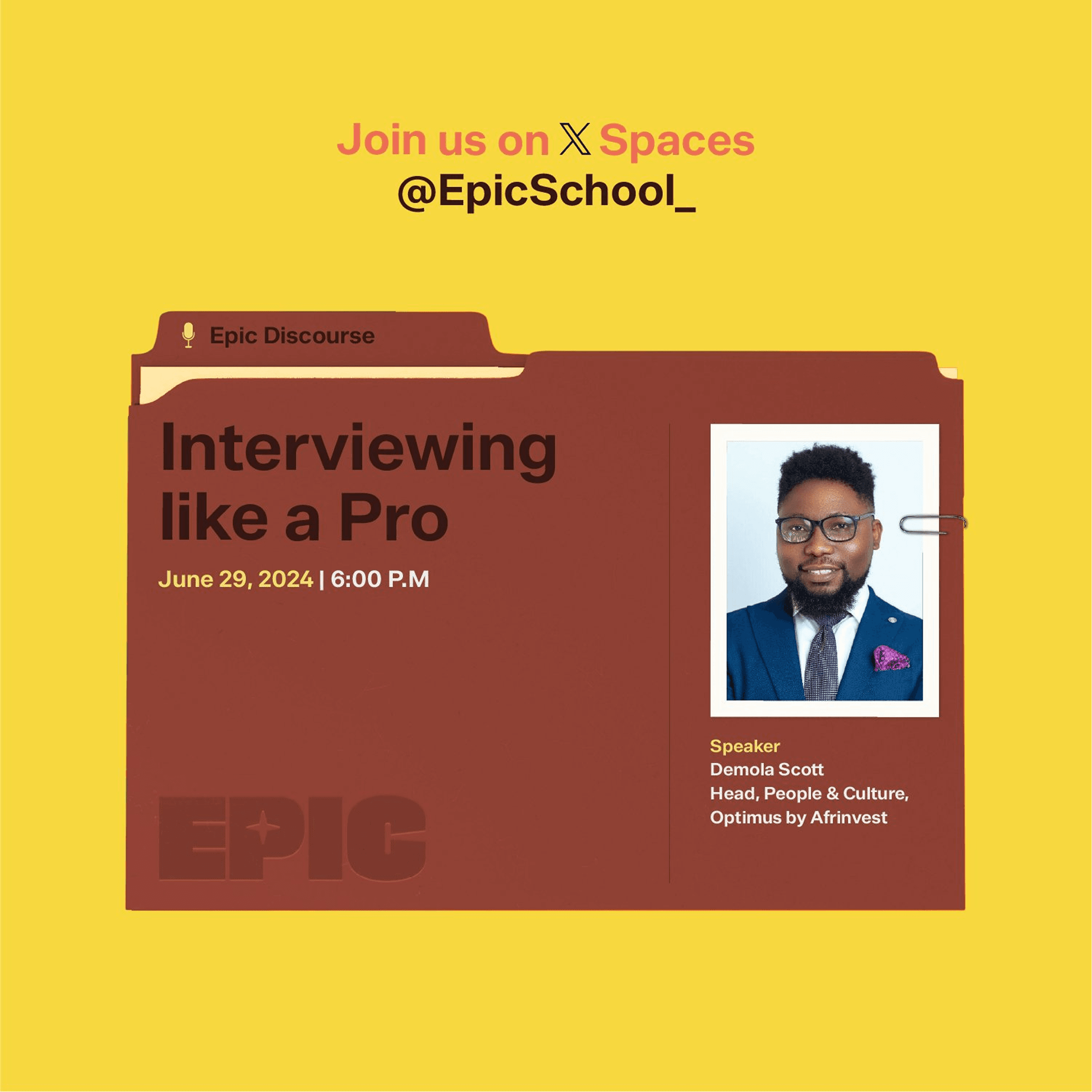 Yellow Epic School Interviewing Like a Pro event poster