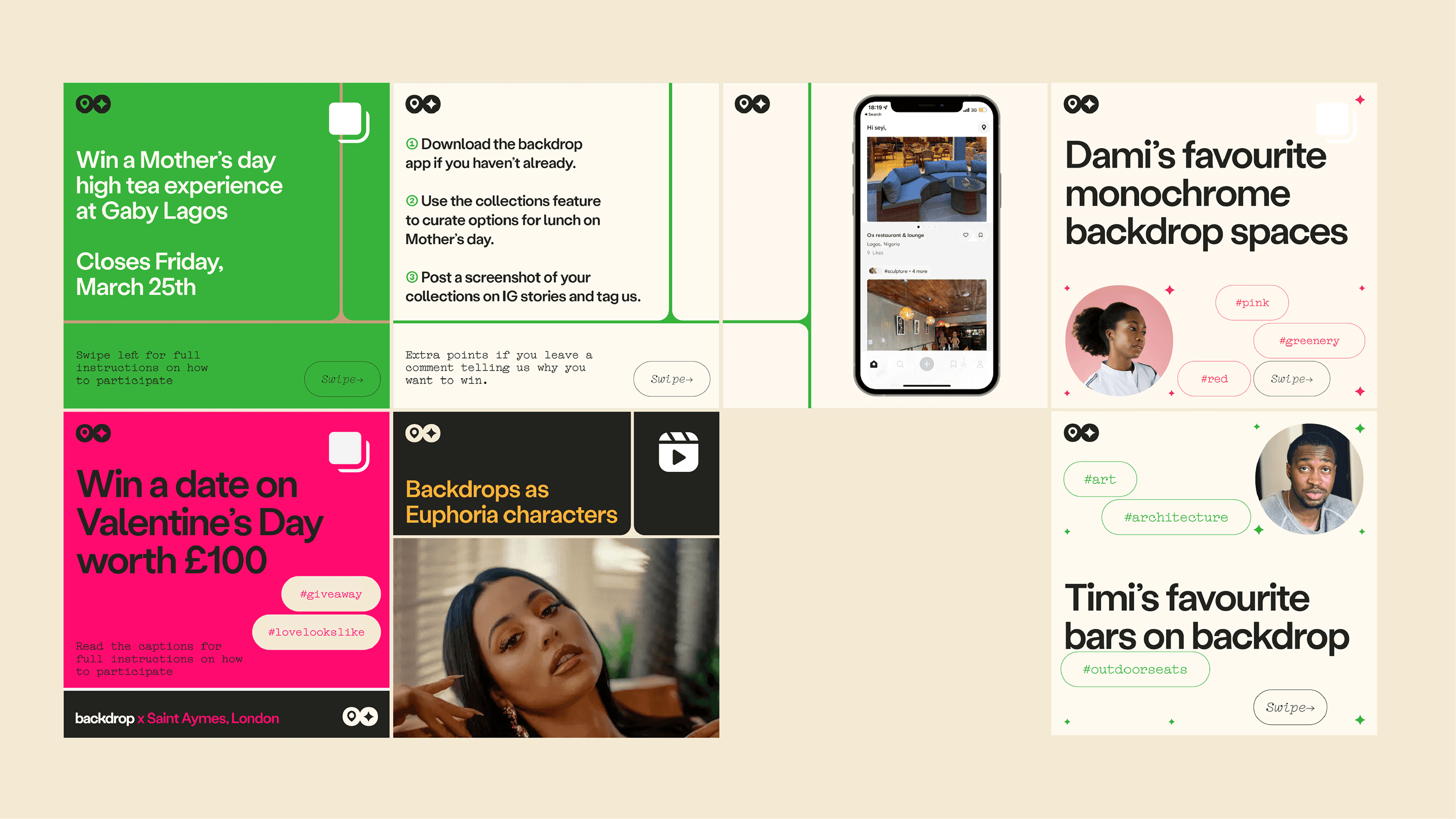 Backdrop campaign posts for giveaways, app collections, and curated venues