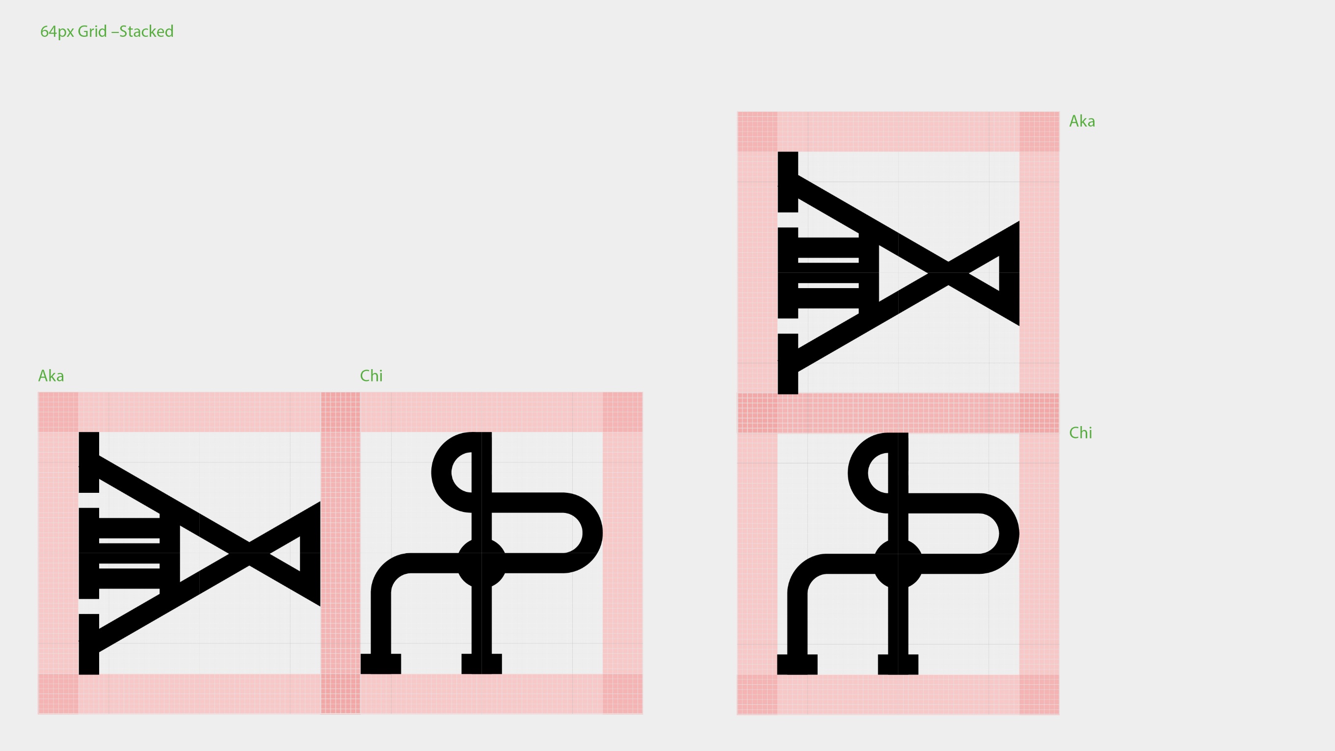 The Aka and Chi pictograms on a 64px construction grid, shown side by side and stacked