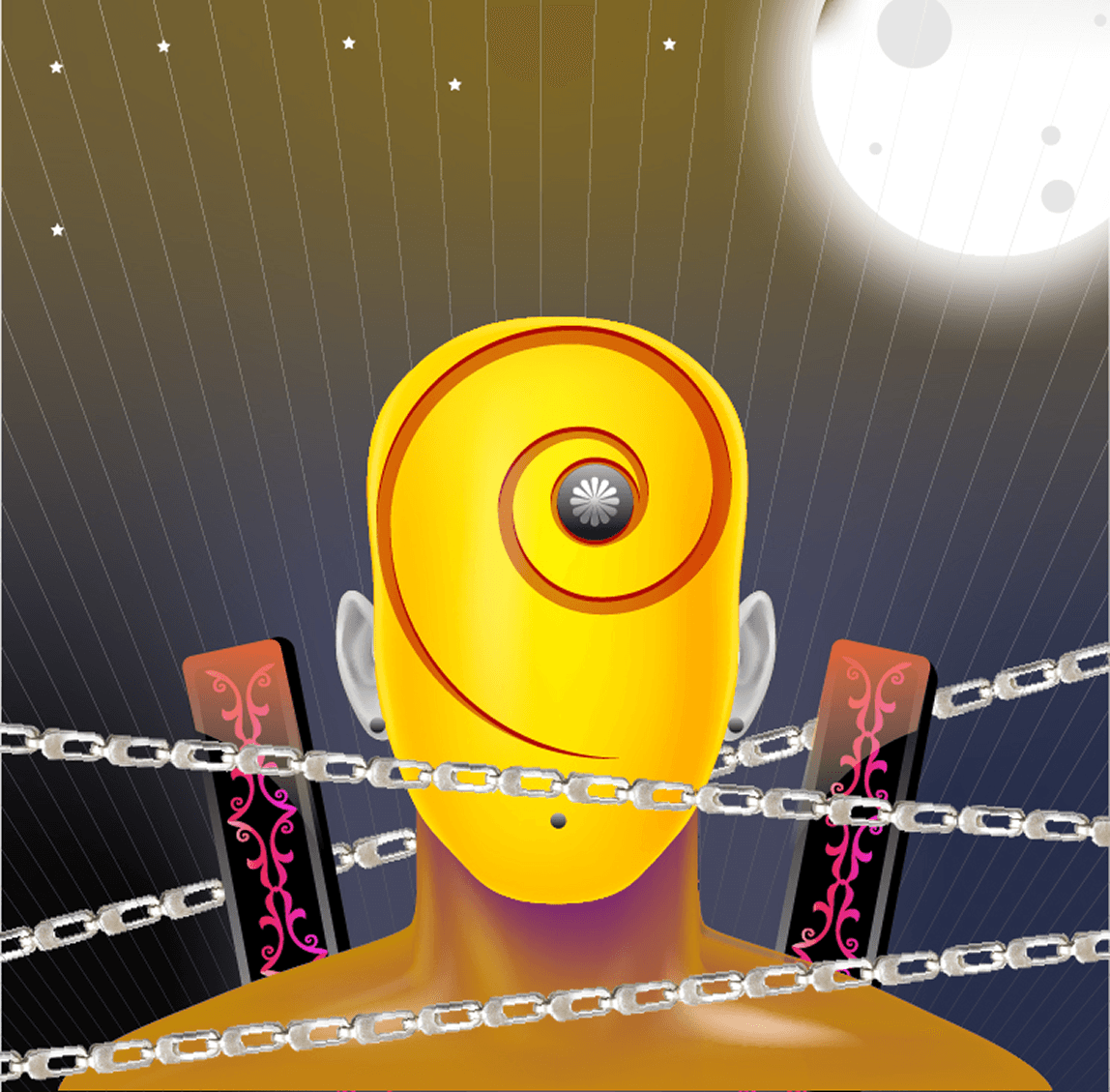 Yellow cyclops figure chained between speakers under two moons