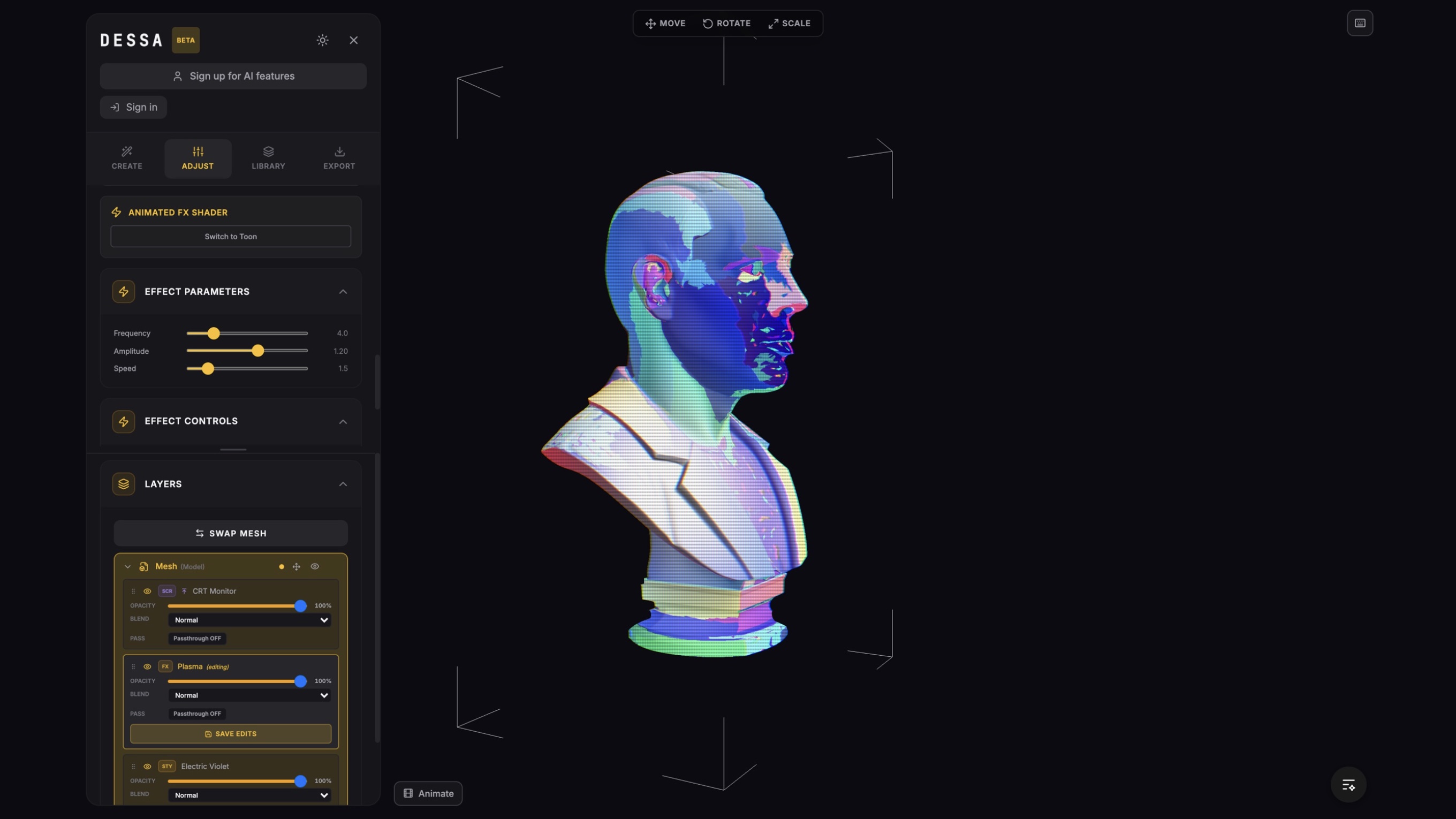 The editor in Design mode: a bust with a three-layer shader stack, the layer list on the left