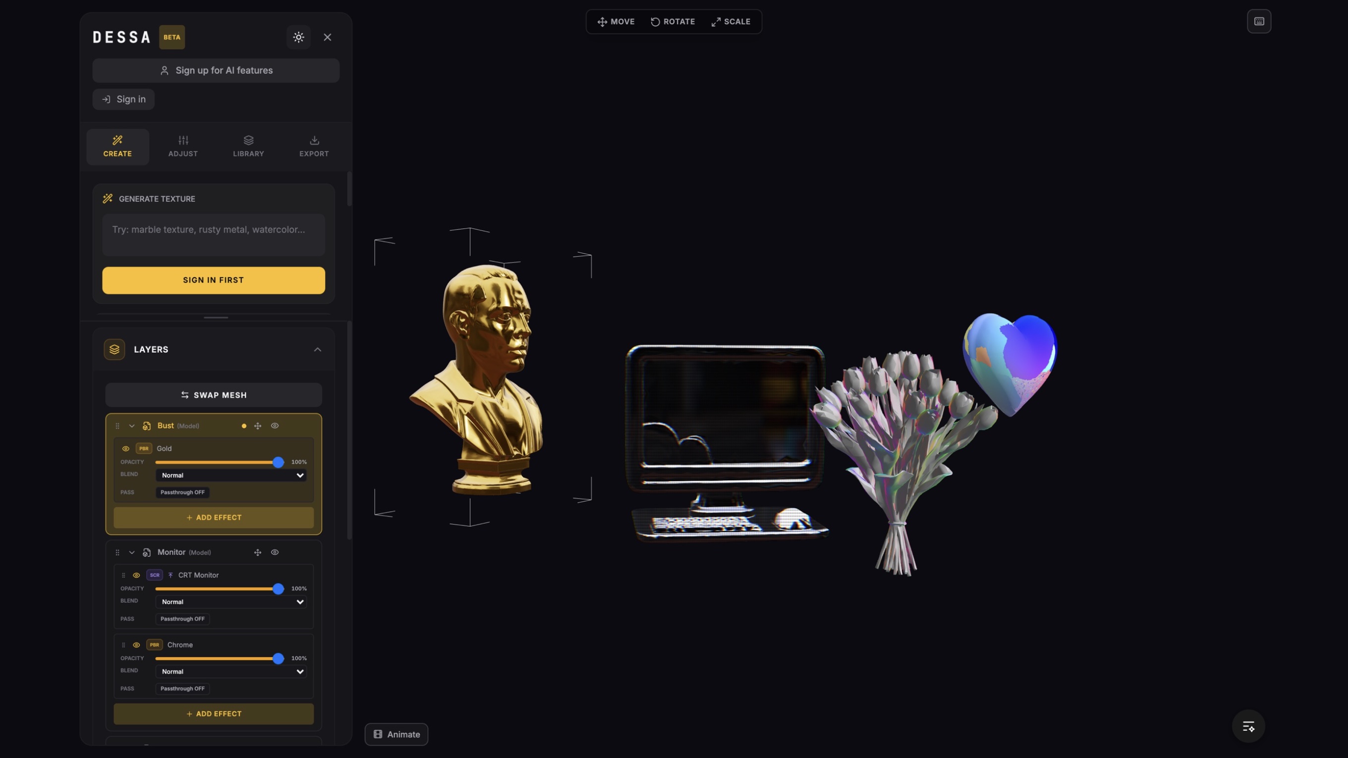 Four imported models in one ShaderRender scene: a gold bust, a CRT-shaded monitor, holographic tulips and a plasma heart