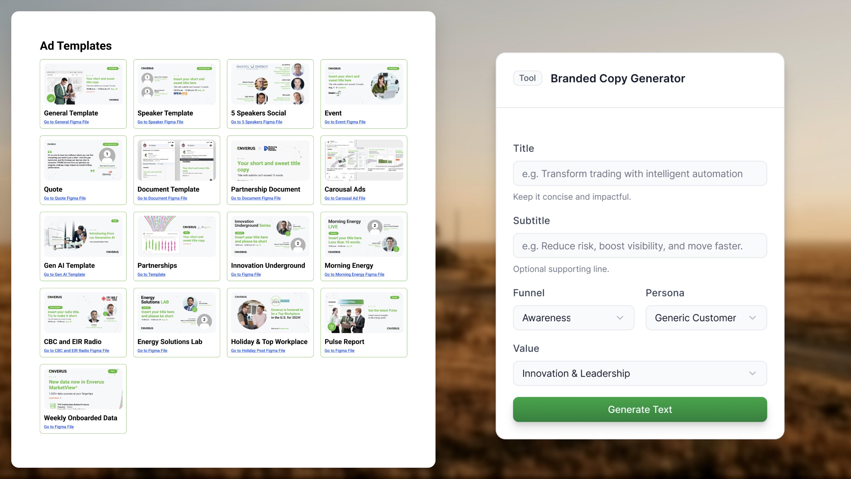 The Figma Ad Templates page, with templates from speaker cards to partnership posts, next to Copy Sidekick's Branded Copy Generator: title, subtitle, funnel, persona and value fields above a green Generate Text button.