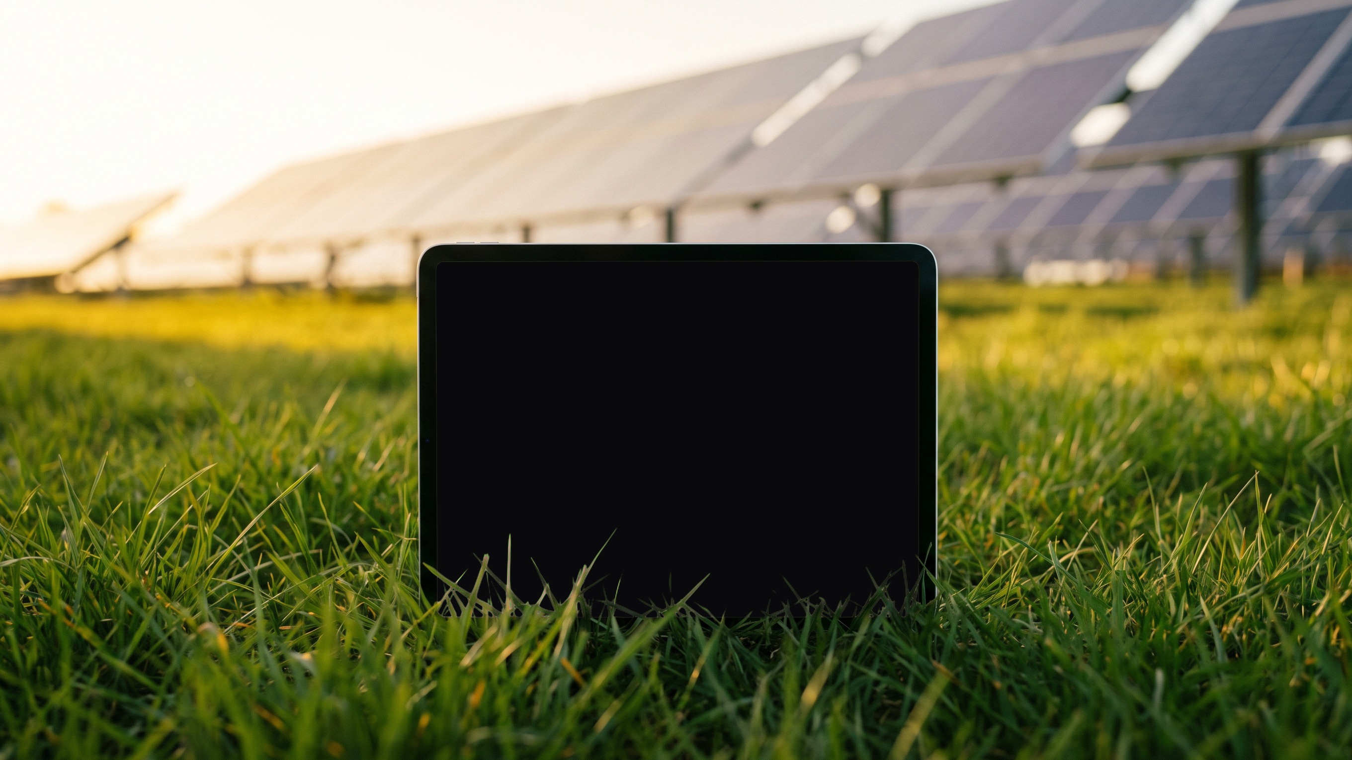 An iPad standing in tall grass in front of a solar farm at sunset.