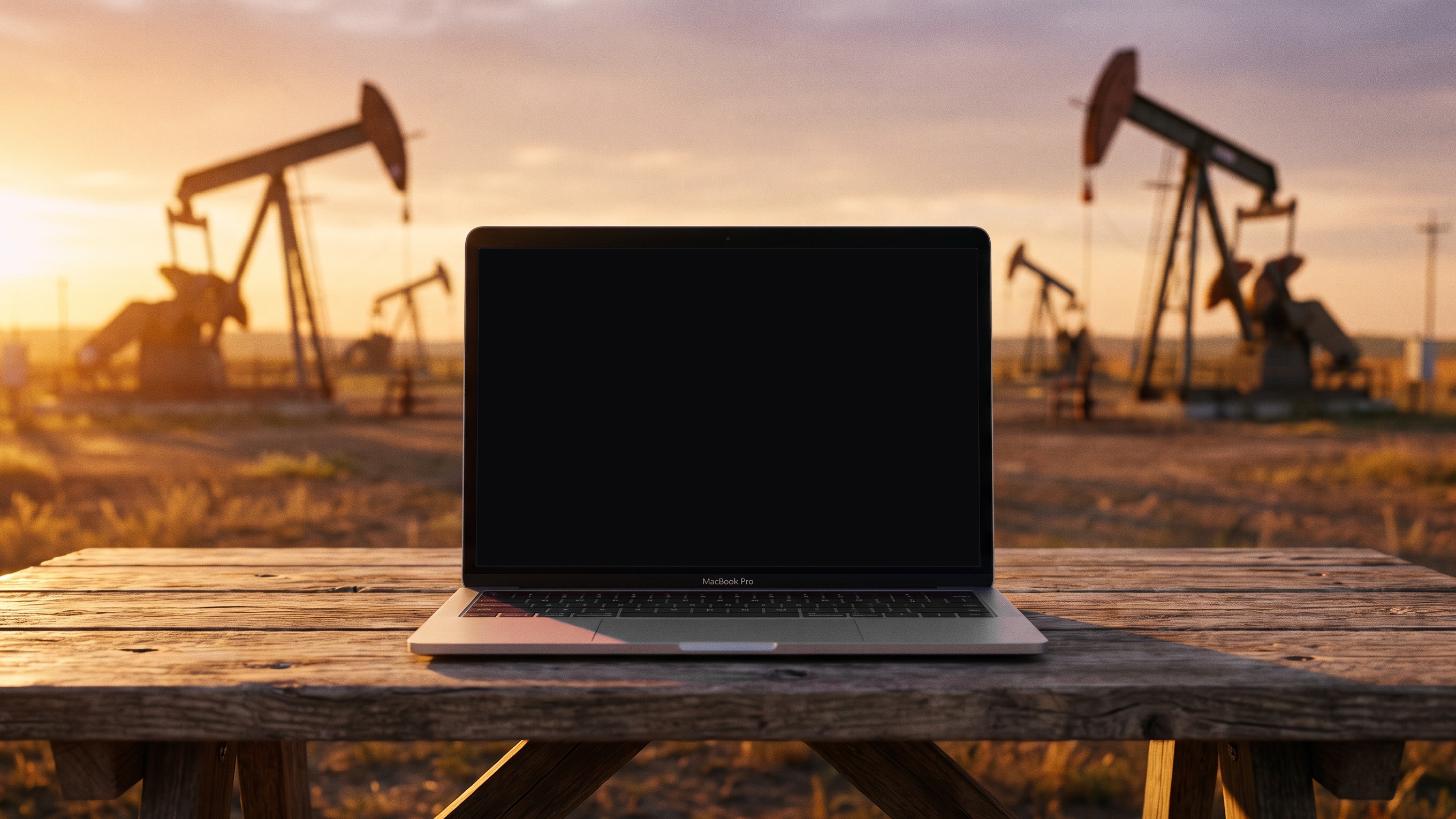 A MacBook on a table at sunset, with oil pumpjacks in the field behind it.