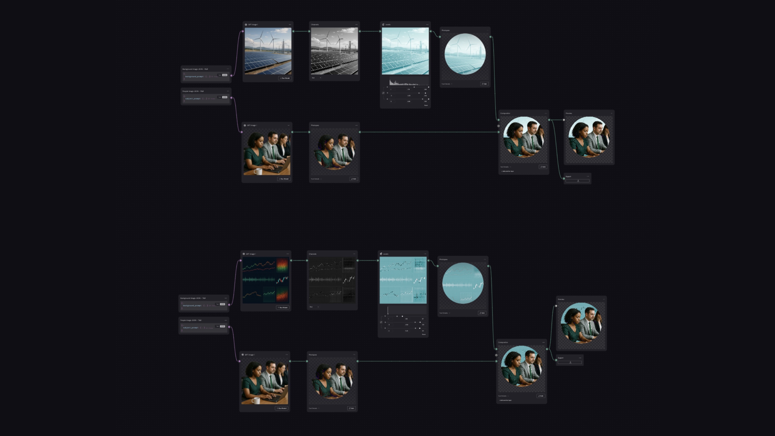 The image maker workflow on a dark canvas: energy backgrounds and portraits of people feed through connected steps into finished images with the same colour treatment.