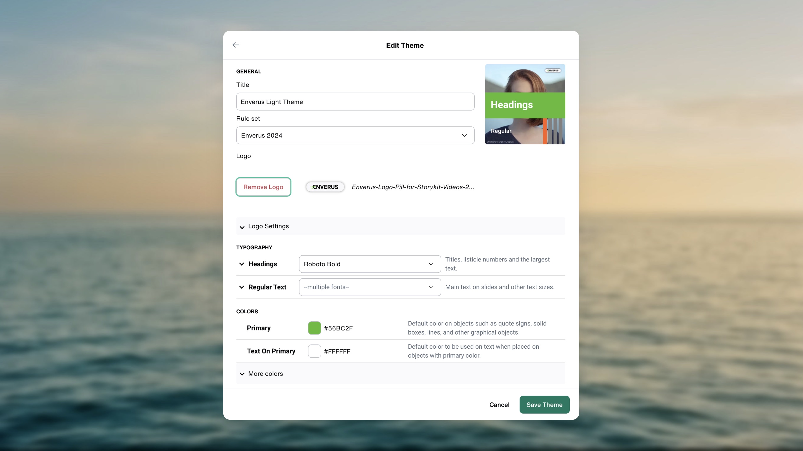 The StoryKit Edit Theme dialog over a blurred offshore sunset: the Enverus Light Theme with the Enverus 2024 rule set, the logo, Roboto Bold headings and the #56BC2F primary colour.