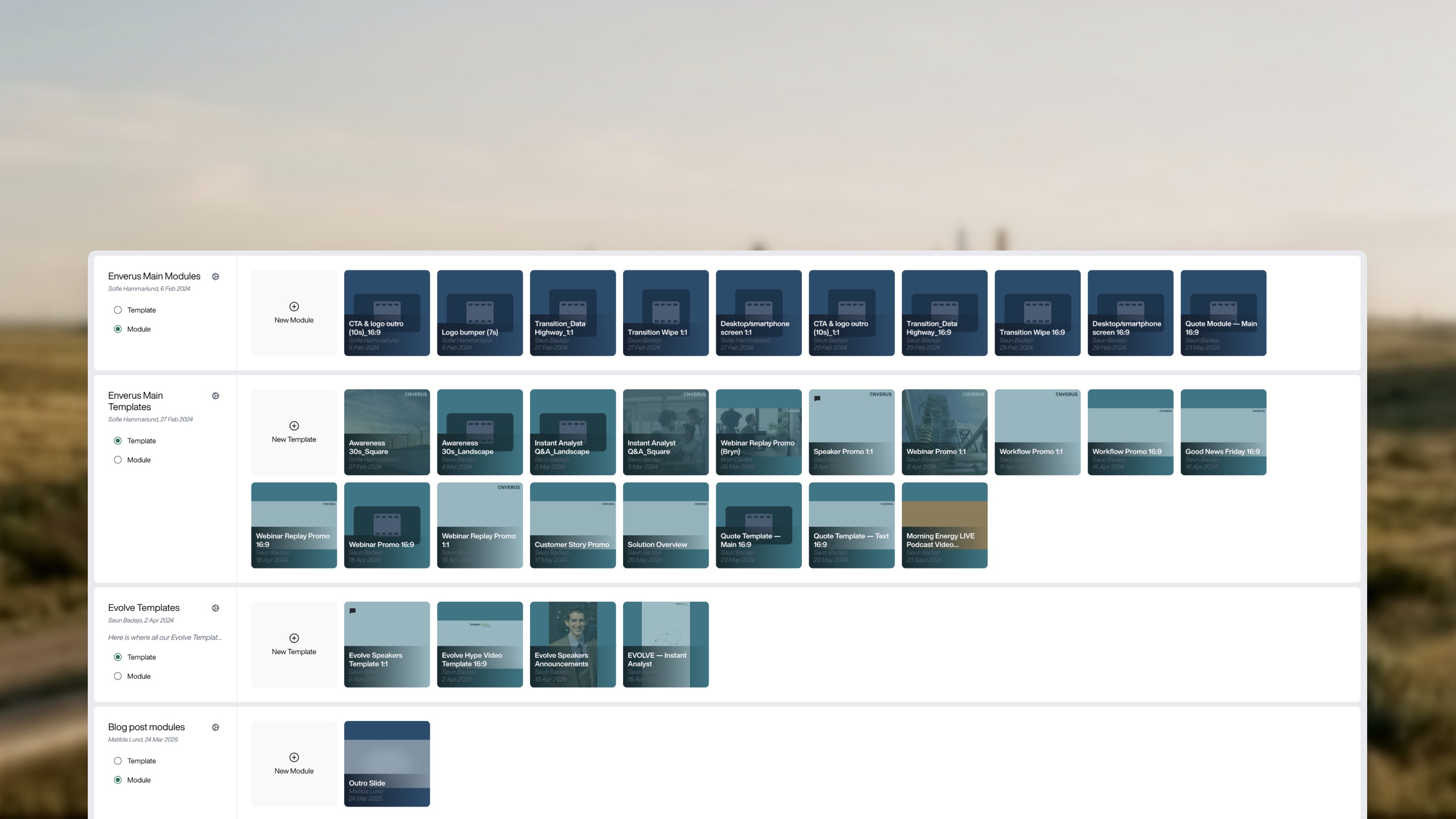The StoryKit template library over a blurred pipeline landscape: rows of Enverus main modules, main templates, Evolve templates and blog post modules, each a thumbnail ready to start from.