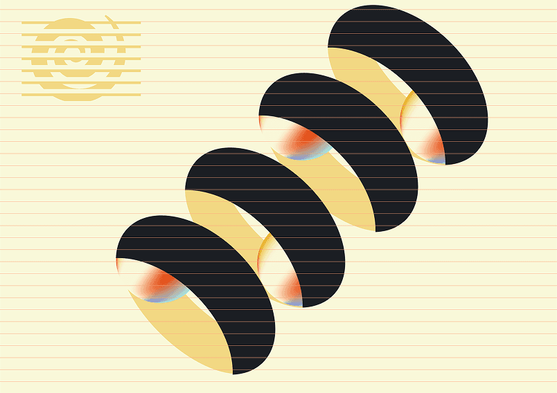 Black discs orbiting a sequence of glowing orange spheres