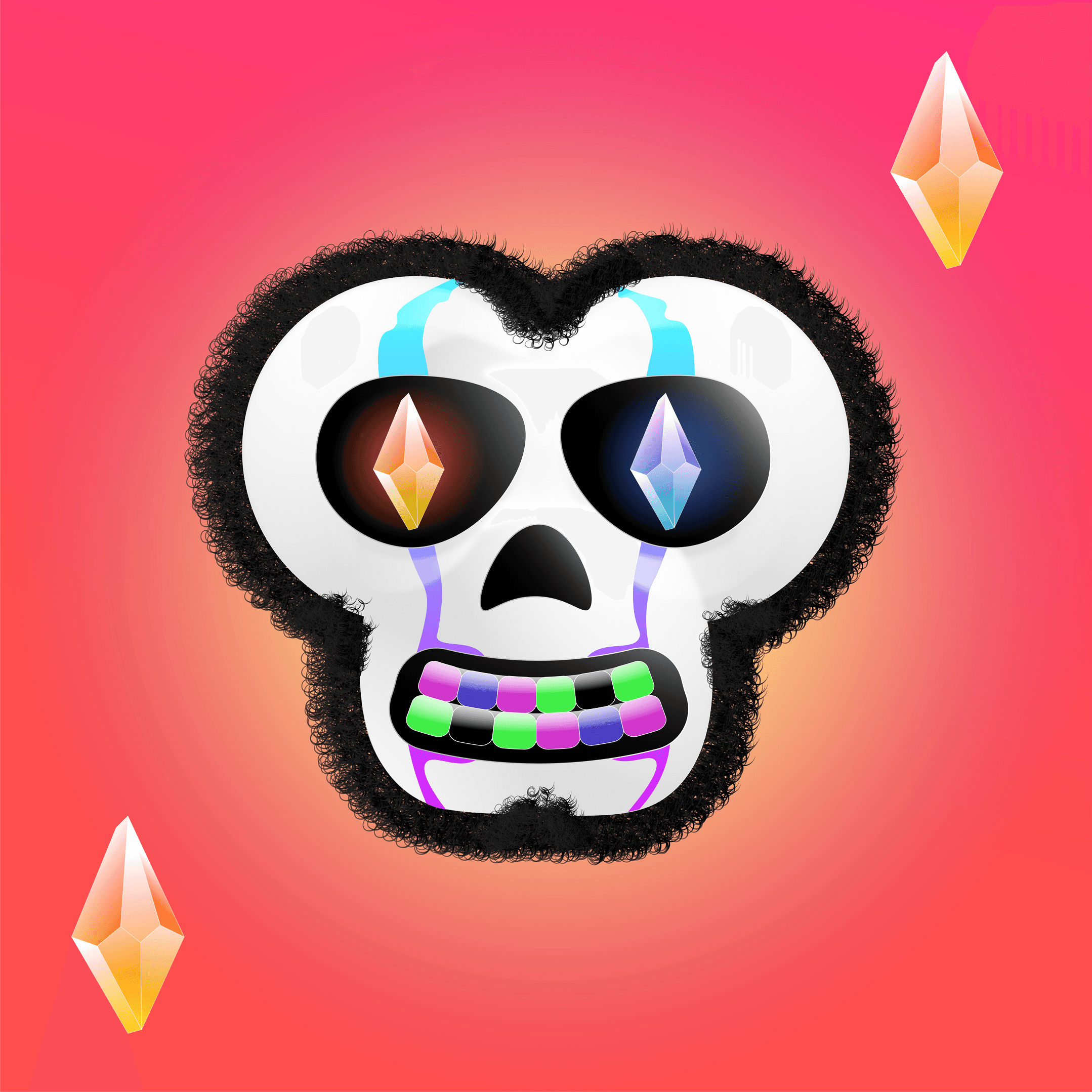 Fuzzy black skull with crystal eyes against a coral gradient