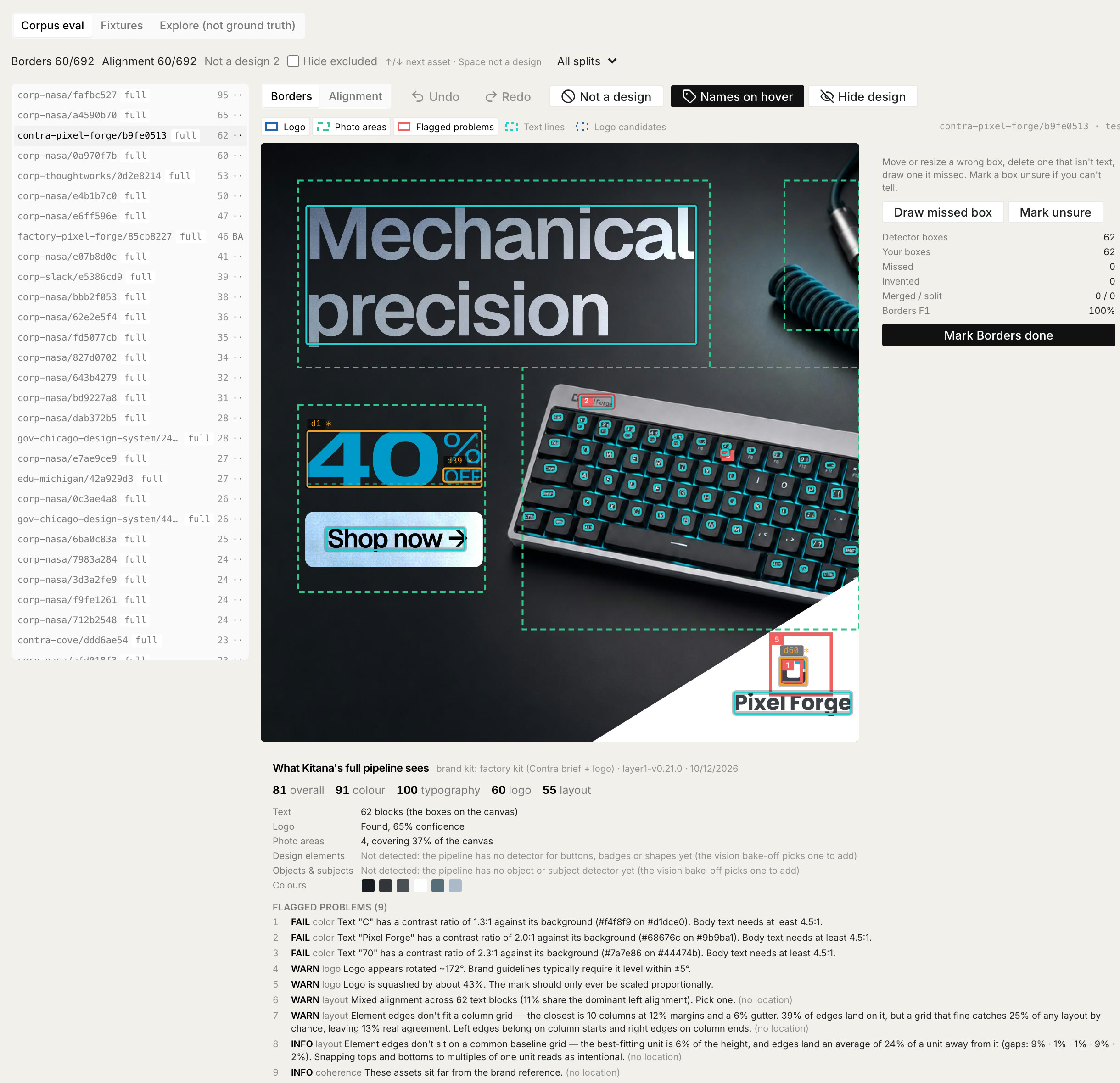 The Admin Eval perception view: a keyboard ad with text, photo and logo boxes, and a summary of what Kitana's full pipeline sees, with its flagged problems