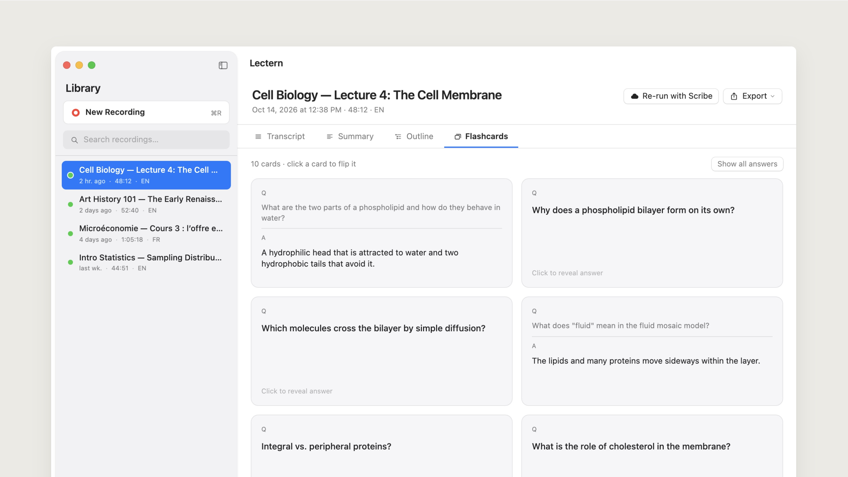 The Flashcards tab with ten question cards for the cell membrane lecture; two are flipped to show their answers.