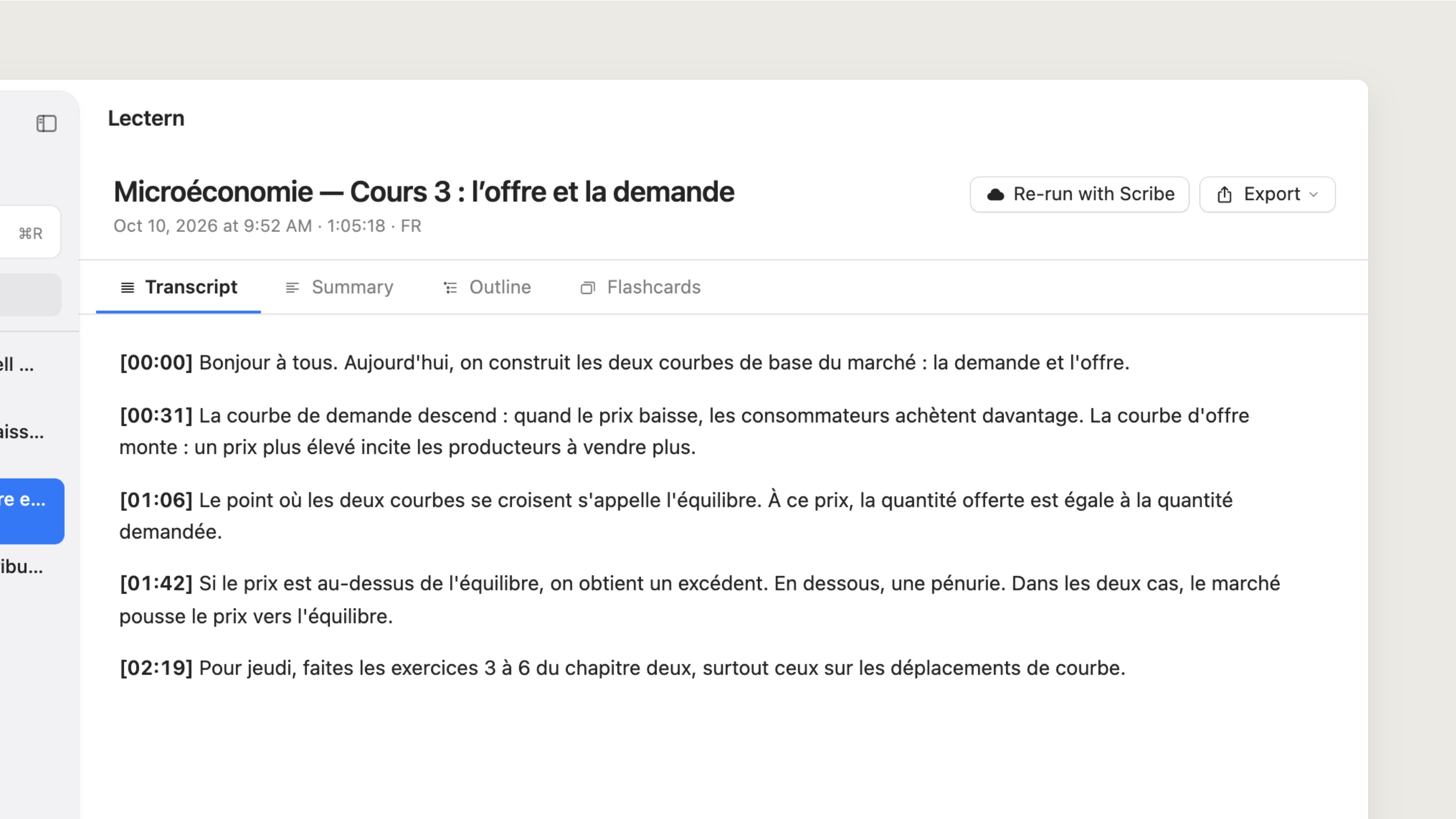 A French microeconomics lecture transcribed in French, with timestamps, marked FR in the library.