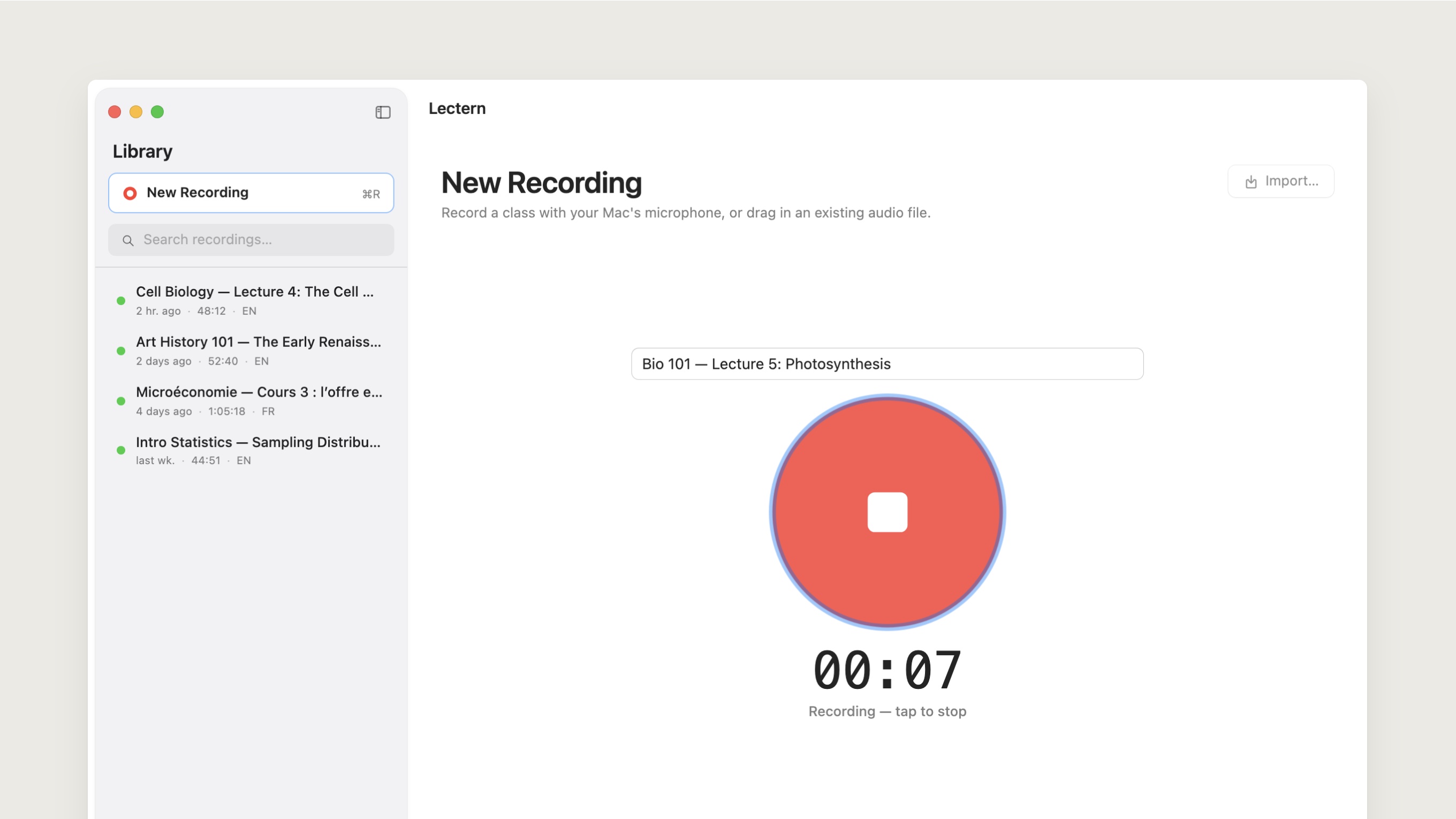 Recording in progress: the record button has turned red with a stop square, the title reads Bio 101, Lecture 5: Photosynthesis, and the timer shows 00:07.