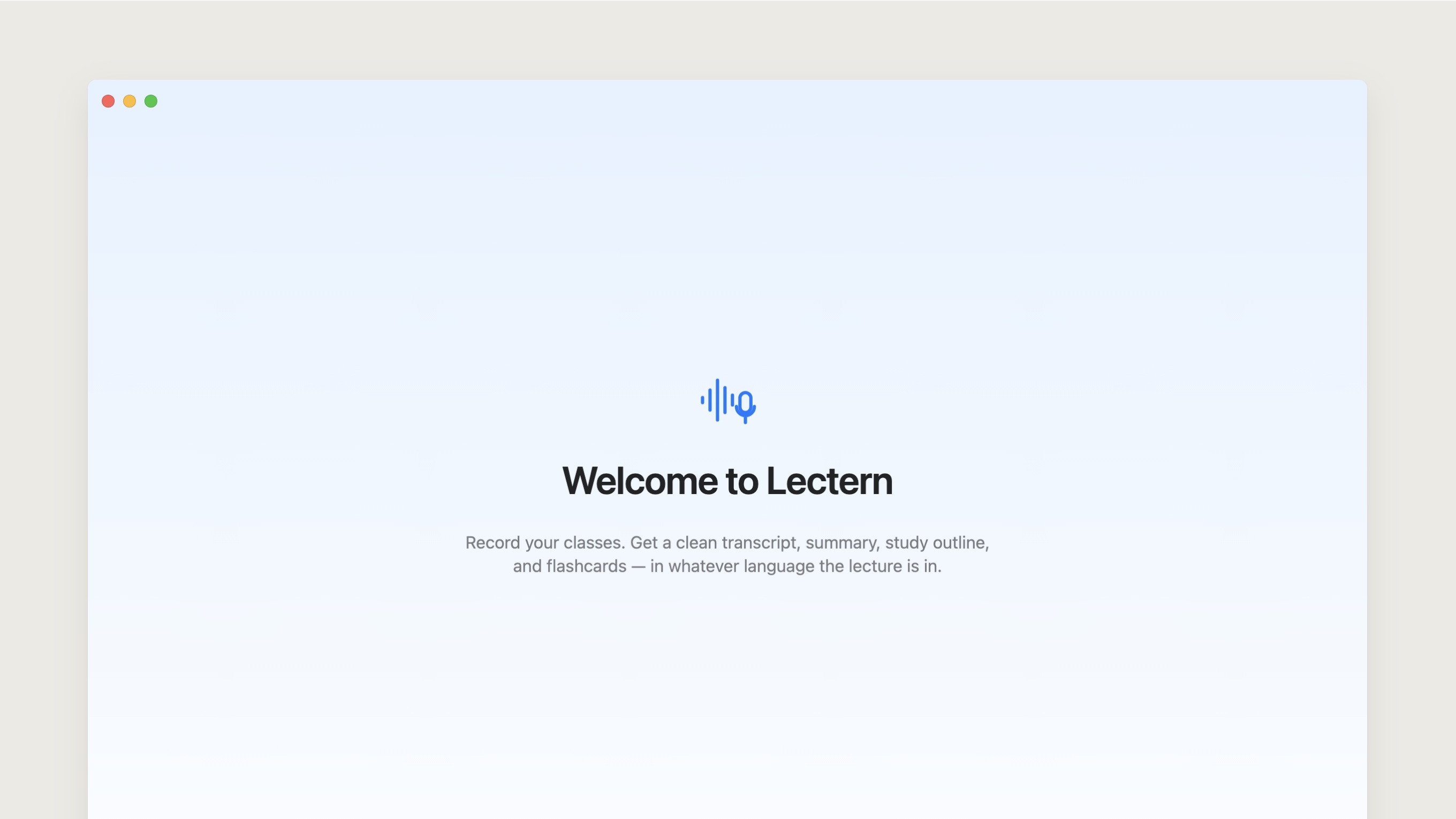 The first screen she sees after installing: Welcome to Lectern, with a short description and a Get started button.