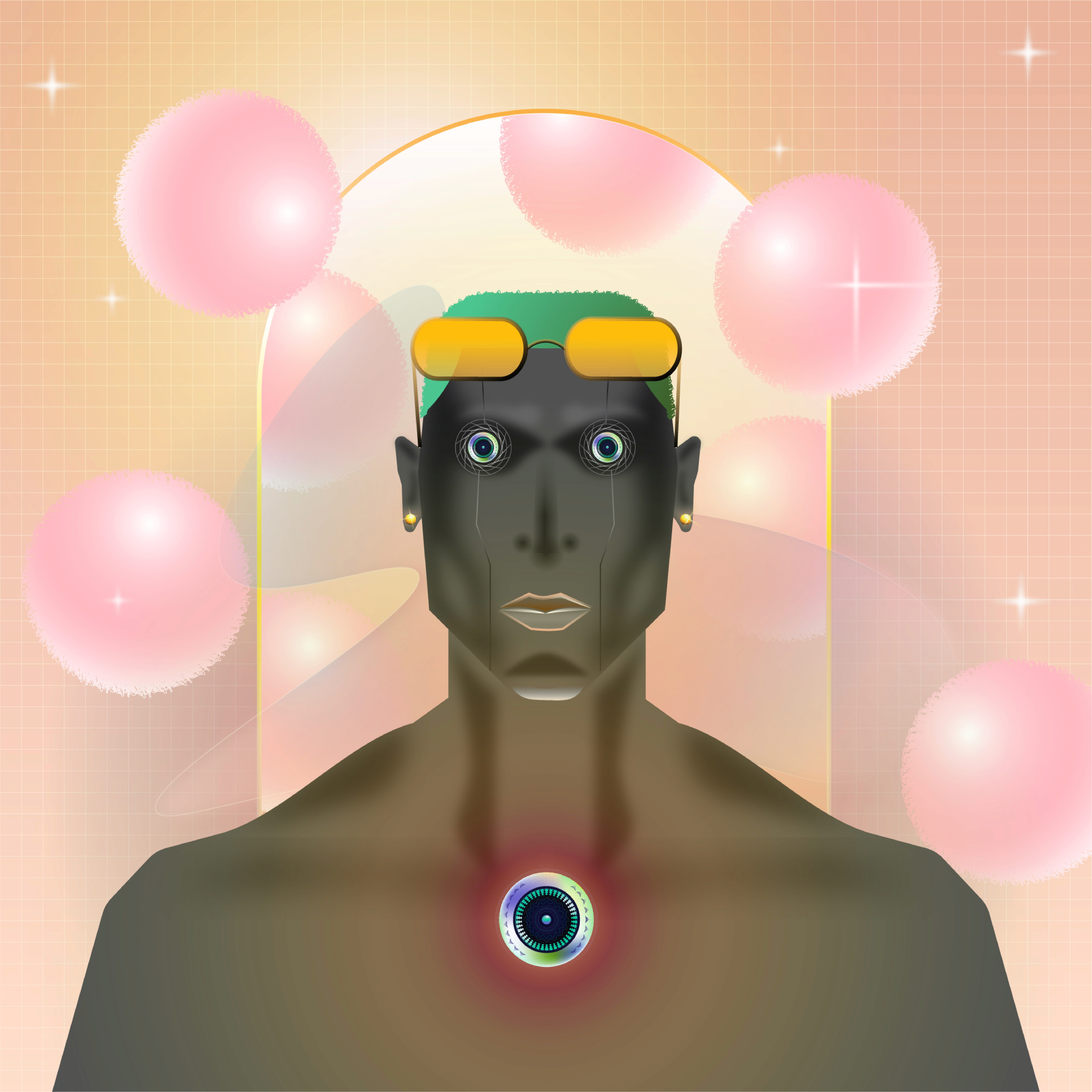 Dark figure with a gold visor and glowing chest eye among pink spheres