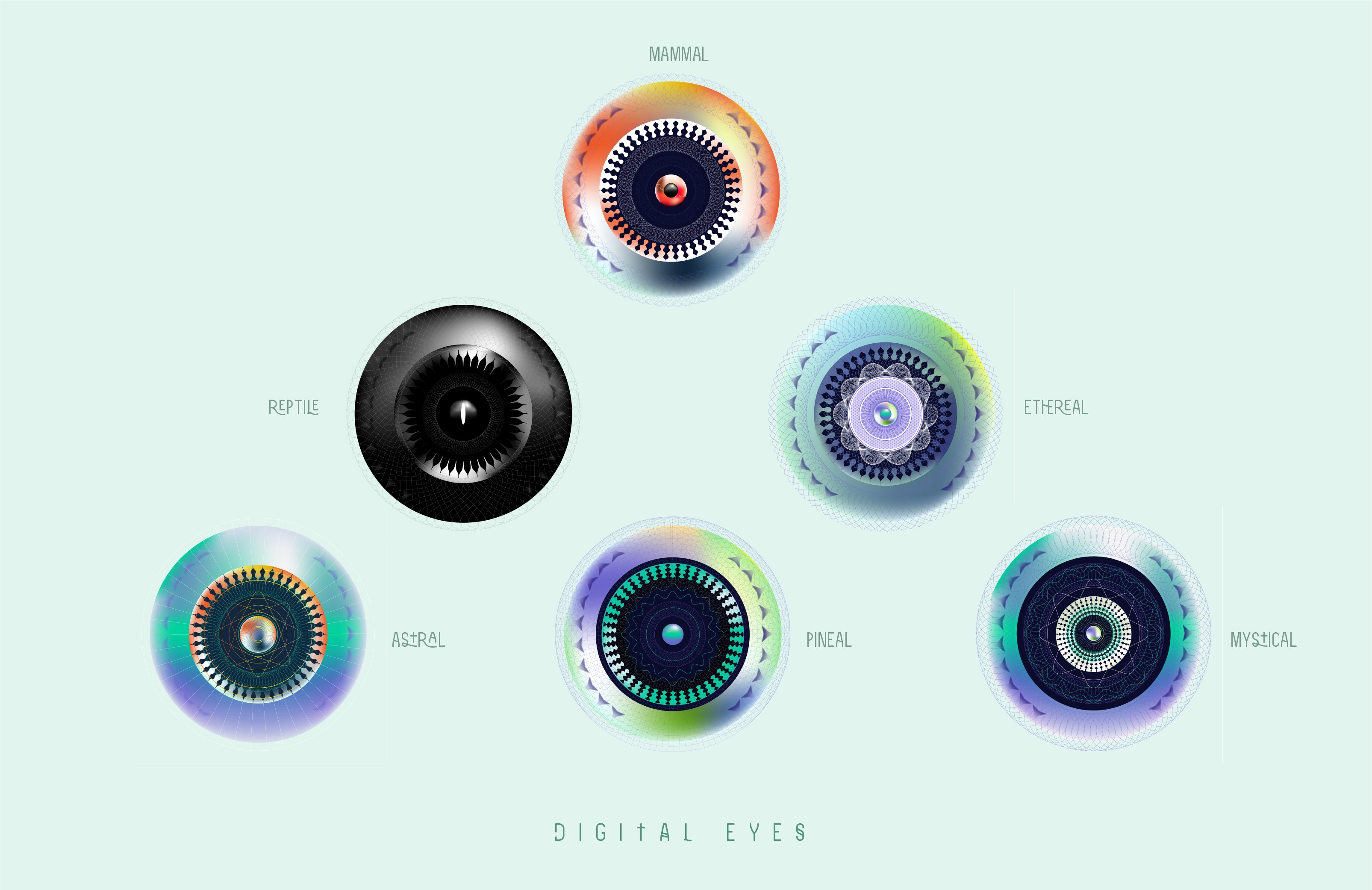 Six Digital Eye designs arranged as a labelled artefact set