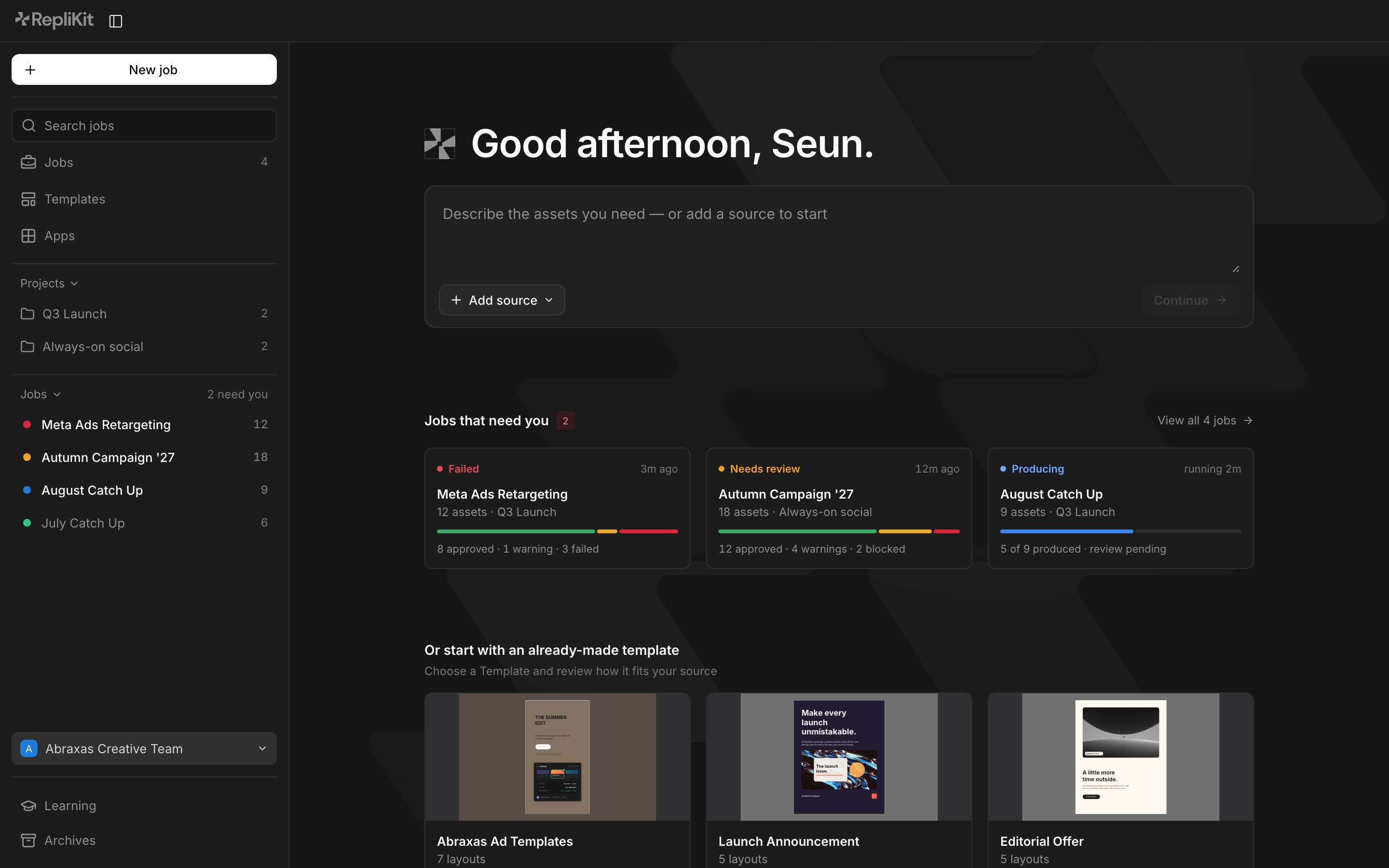 The Content Suite home: a prompt to describe the assets you need or add a source, jobs that need attention and a row of templates