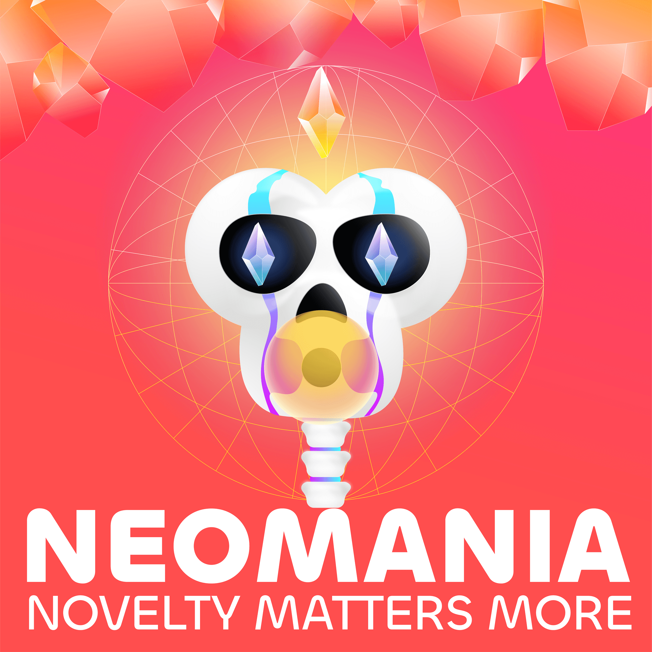 Neomania poster with a white skull, yellow sphere and geometric halo