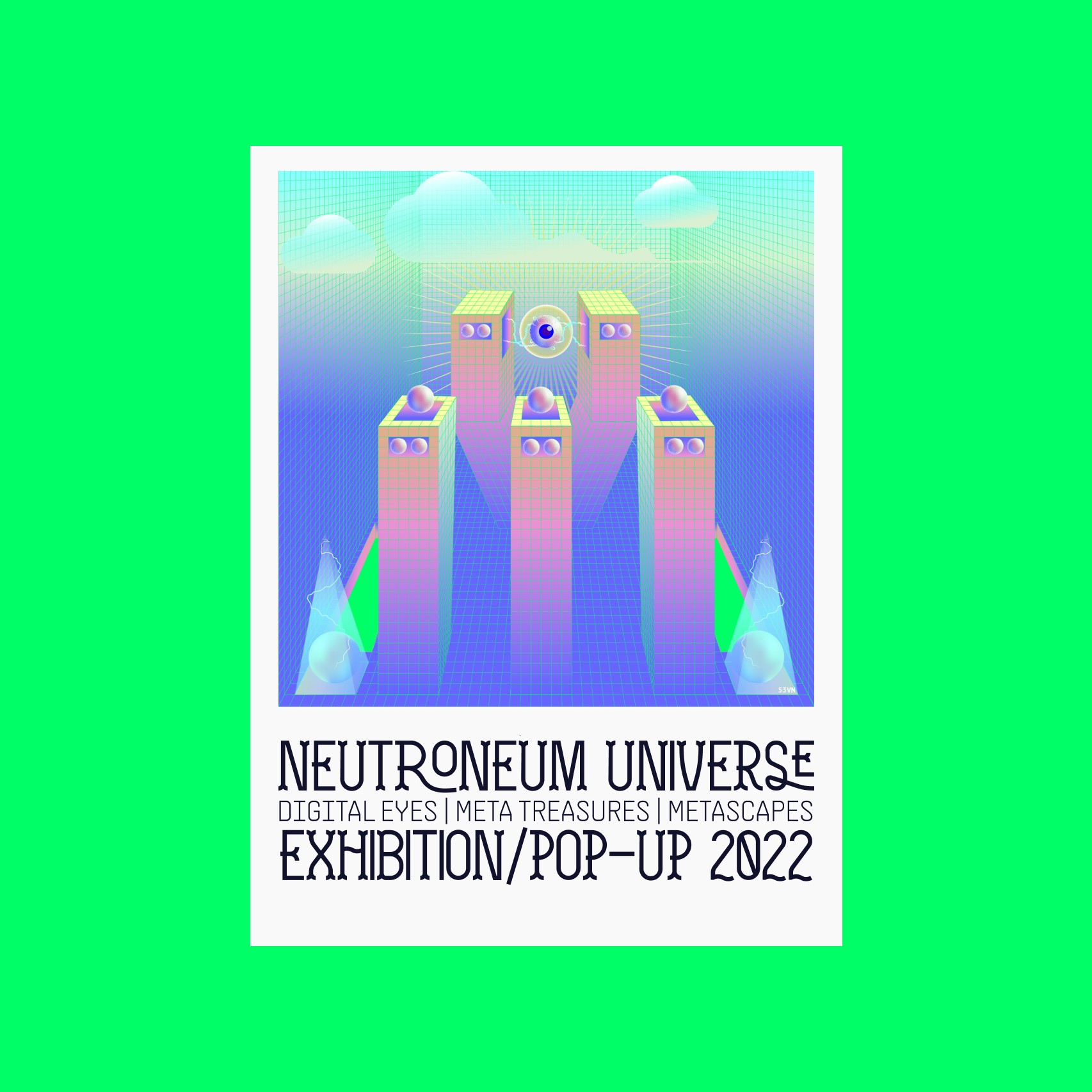 Neutroneum Universe exhibition poster with four monolithic figures