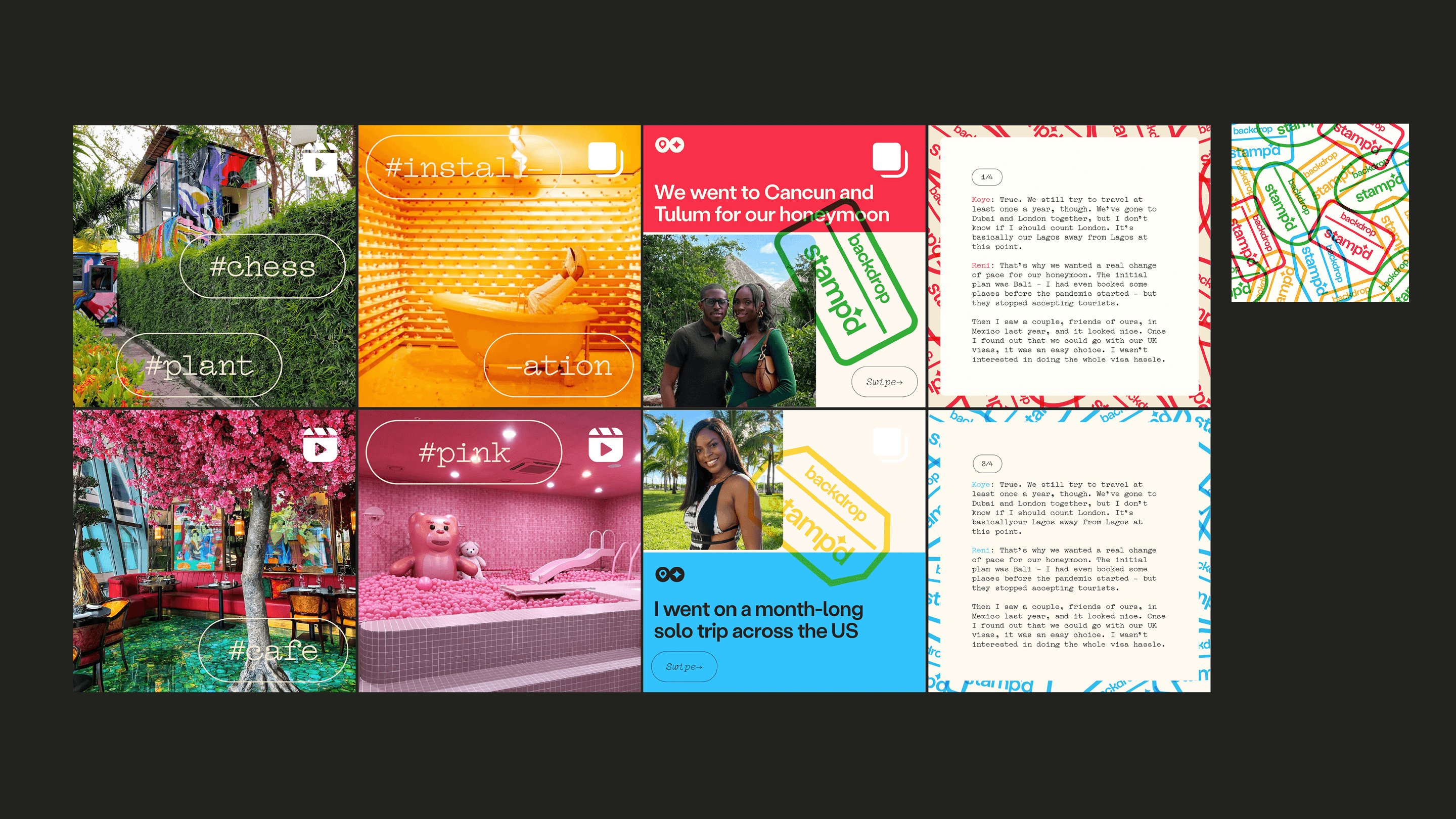 Backdrop Instagram grid with travel photography, stories, and stamped editorial posts