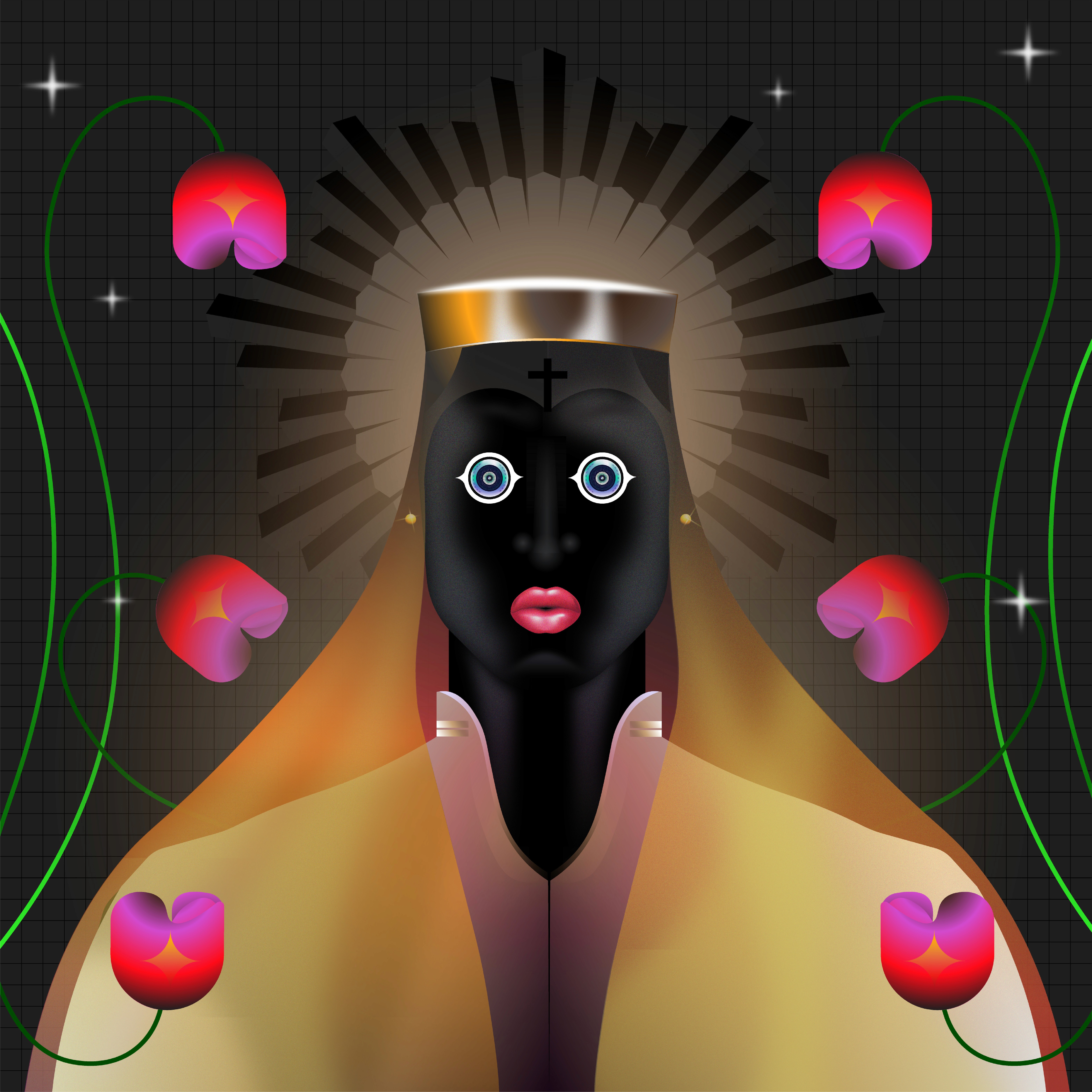 Crowned figure with facial markings surrounded by floating red forms
