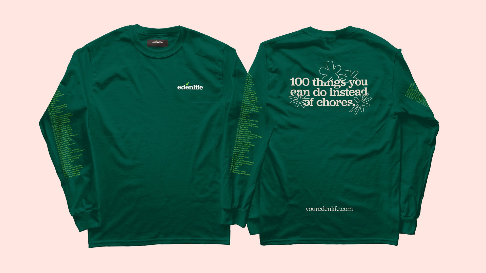 Front and back of a green EdenLife long-sleeved shirt