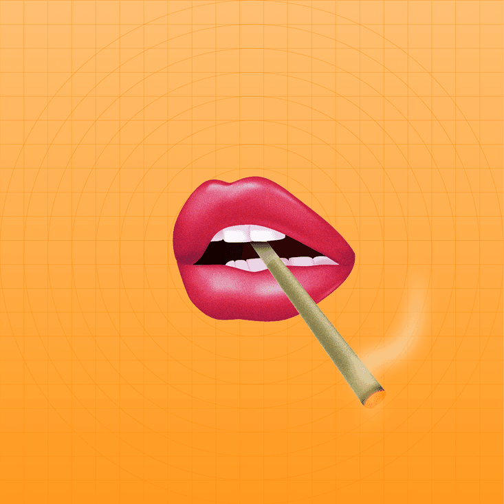 Pink lips holding a smoking match against an orange grid